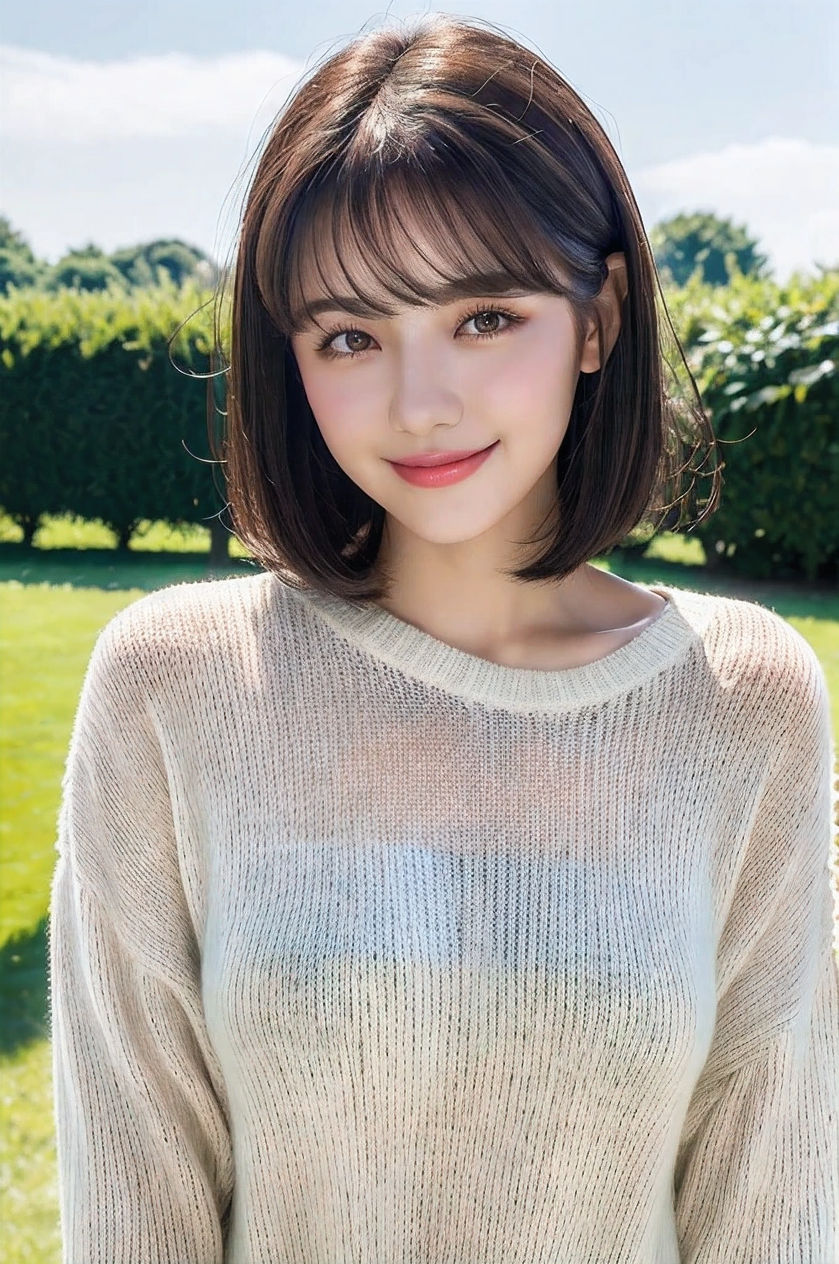 highest quality, masterpiece, ultra high resolution, (realistic: 1.4), diagonal landscape, 1 girl, black hair, (Bobob Cat: 1.4, bangs), smile, Glossy skin, dramatic lighting, Feeling neat, T-shirt, white summer sweater, (big: 0.9), garden