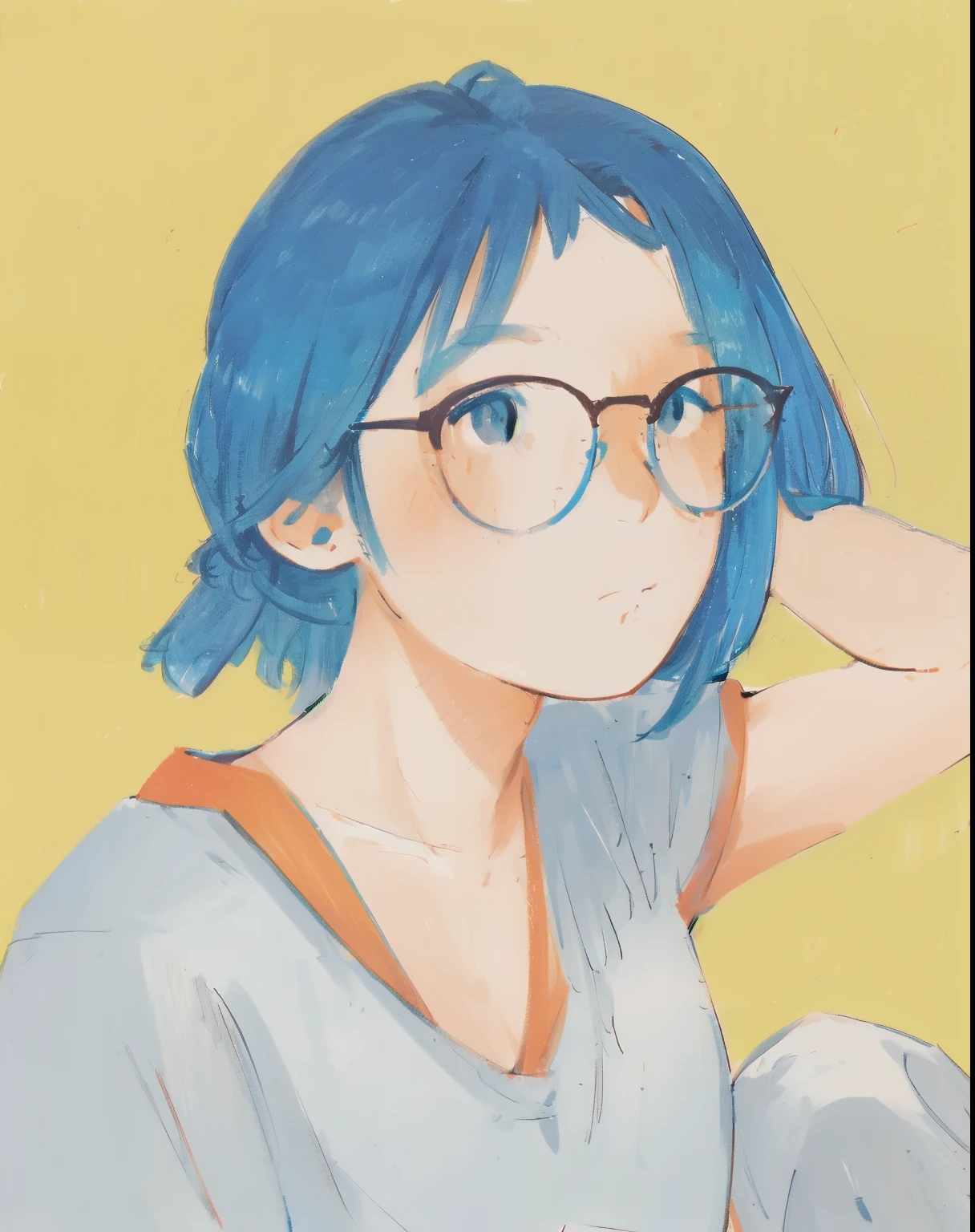 sam yang style (best quality:1.1), perfect anime illustration, detailed eyes, detailed face, a girl wearing glasses with blue hair posing for a picture, character design, rossdraws global illumination, sots art, Artgerm, crayon texture, sketch, painting, traditional media