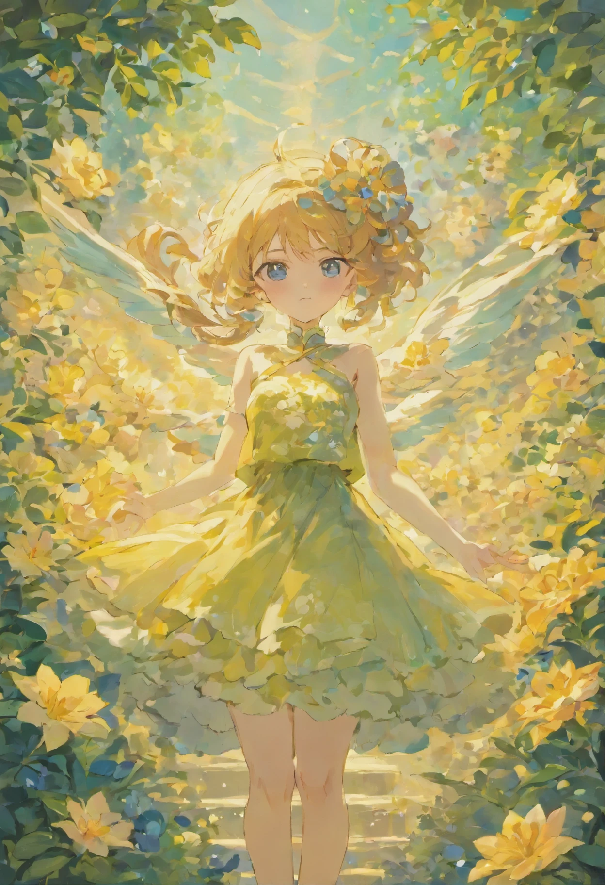 In a fragrant garden, A woman stands with her arms outstretched, Gently touch the petals that I met, Connection with nature and sweet blue flowers, Dresses with frills,long hair wavy hair