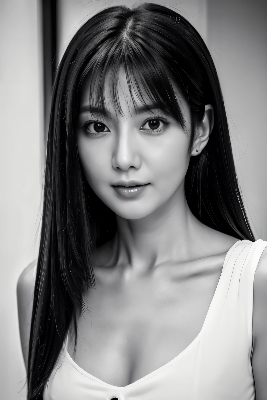 masterpiece, highest quality, Photoreal, Super detailed, High resolution, 8K wallpaper, ((monochrome photography)), 1 girl, thin japanese woman, (((facing the front))), ((Only the lips are red)), (服はmonochrome photography), straight hair, medium length hair, detailed clavicle, cleavage, perfect face, straight hair, ((look straight at the camera))