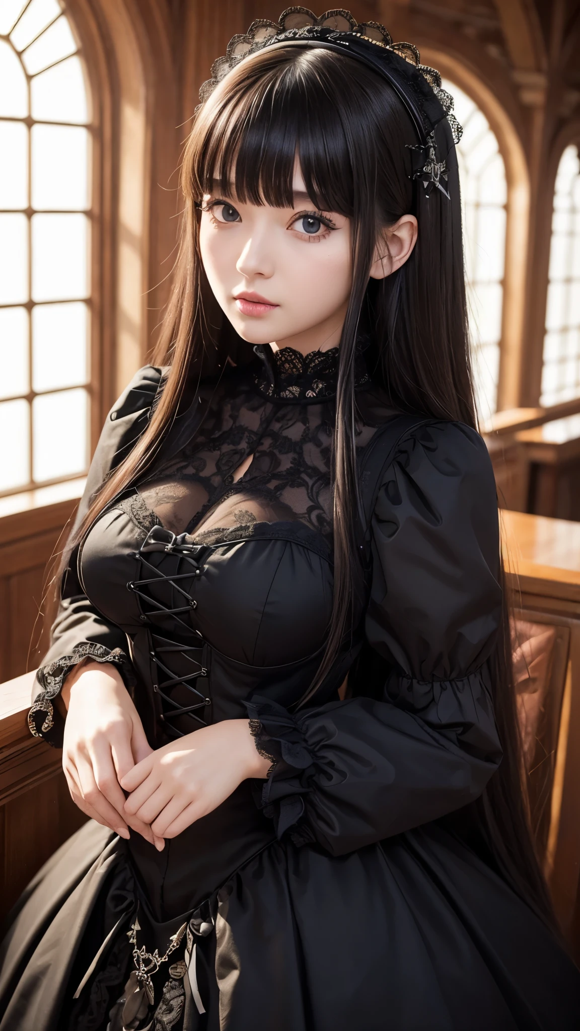 ((best quality)), ((muste piece)), (detailed face), (highlight), princess、Big breasts、blunt bangs、black hair、Gothic Lolita、
