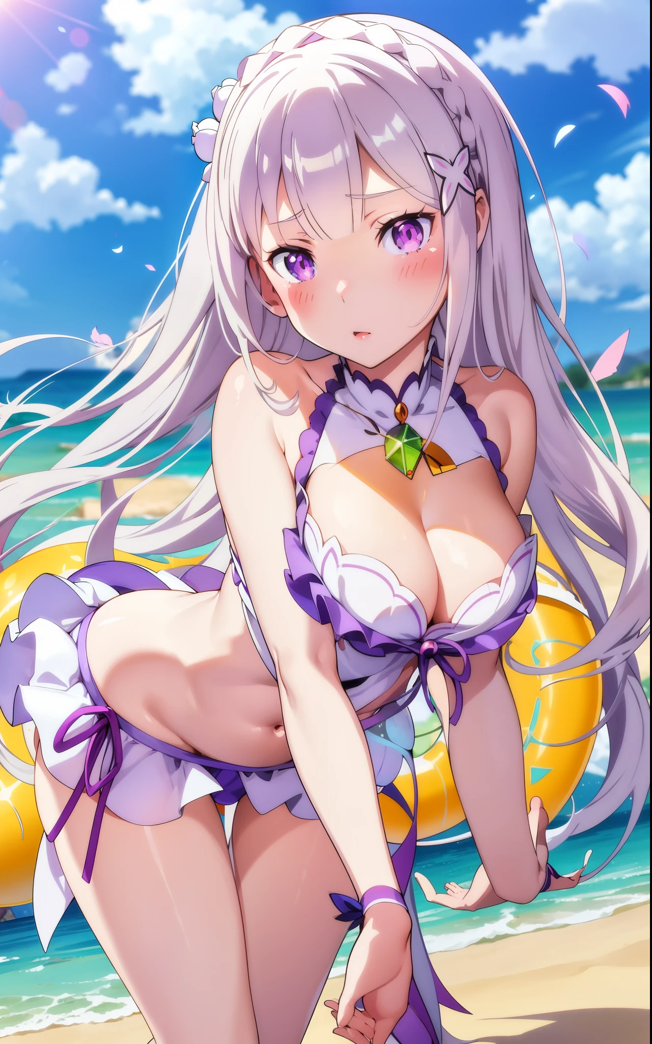 anime girl in bikini, seductive anime girl, anime moe artstyle, Emilia re:zero, purple eyes, Emilia, crown braid, x hair ornament, flower hair ornament, white hair, very long hair, medium breasts, anime goddess, [ 4 k digital art ]!!, smooth anime cg art, swimsuit, full body:: sunny weather::, (anime girl), realistic