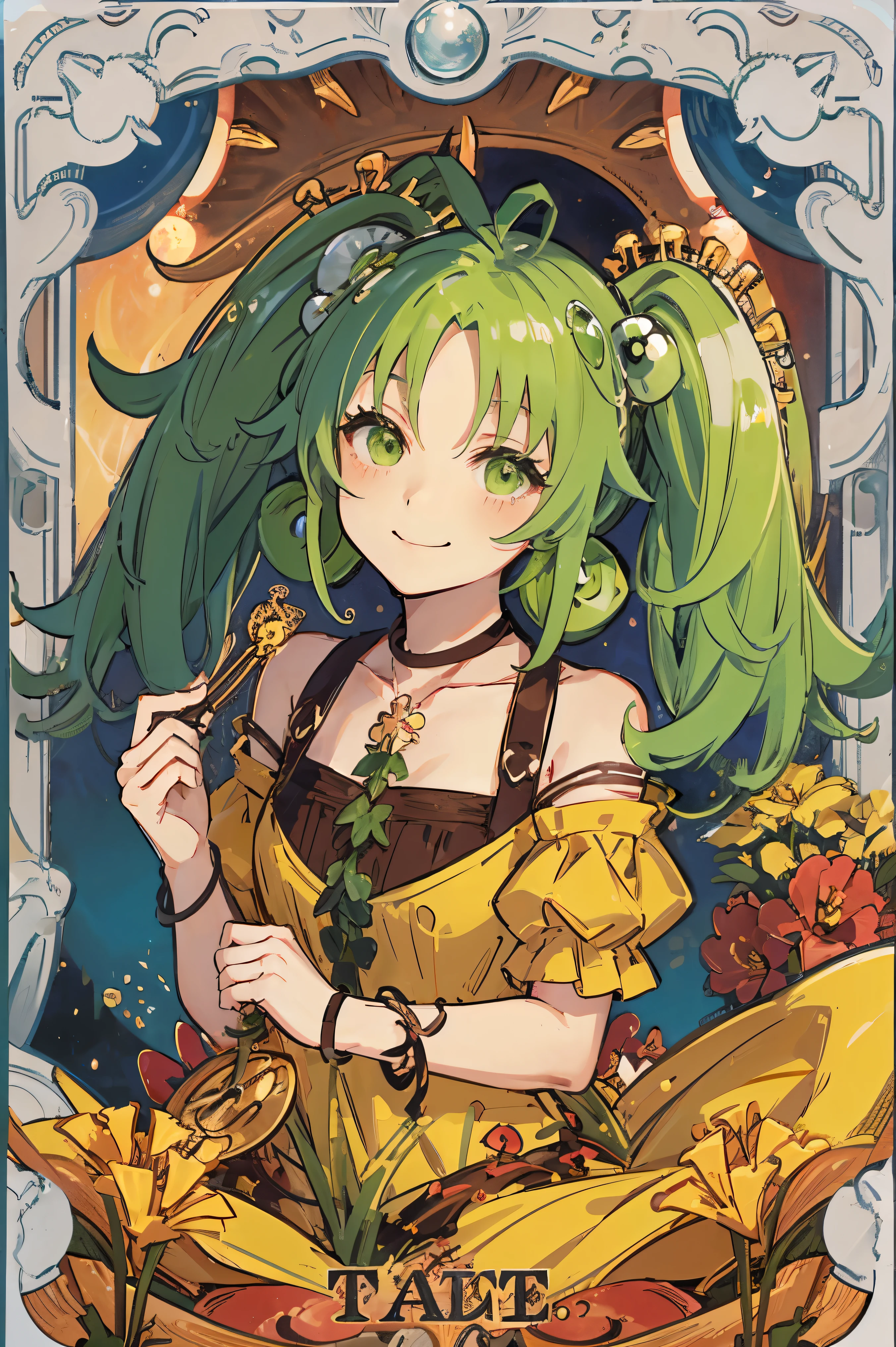 Traptricella, twin tails, tarot cards, small smile