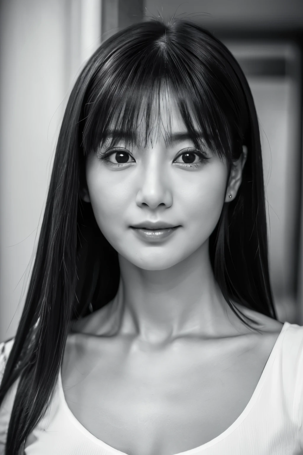 masterpiece, highest quality, Photoreal, Super detailed, High resolution, 8K wallpaper, ((monochrome photography)), 1 girl, thin japanese woman, (((facing the front))), ((Only the lips are red)), (服はmonochrome photography), straight hair, medium length hair that falls to the shoulders, detailed clavicle, cleavage, perfect face, straight hair, ((look straight at the camera))