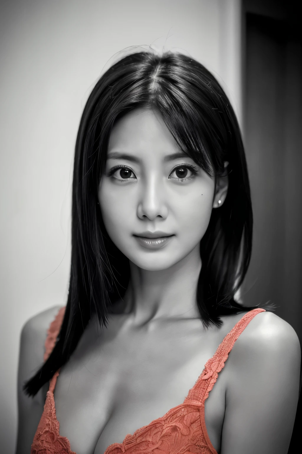 masterpiece, highest quality, Photoreal, Super detailed, High resolution, 8K wallpaper, ((monochrome photography)), 1 girl, thin japanese woman, (((facing the front))), ((Only the lips are red)), (服はmonochrome photography), straight hair, medium length hair that falls to the shoulders, detailed clavicle, cleavage, perfect face, straight hair, ((look straight at the camera))