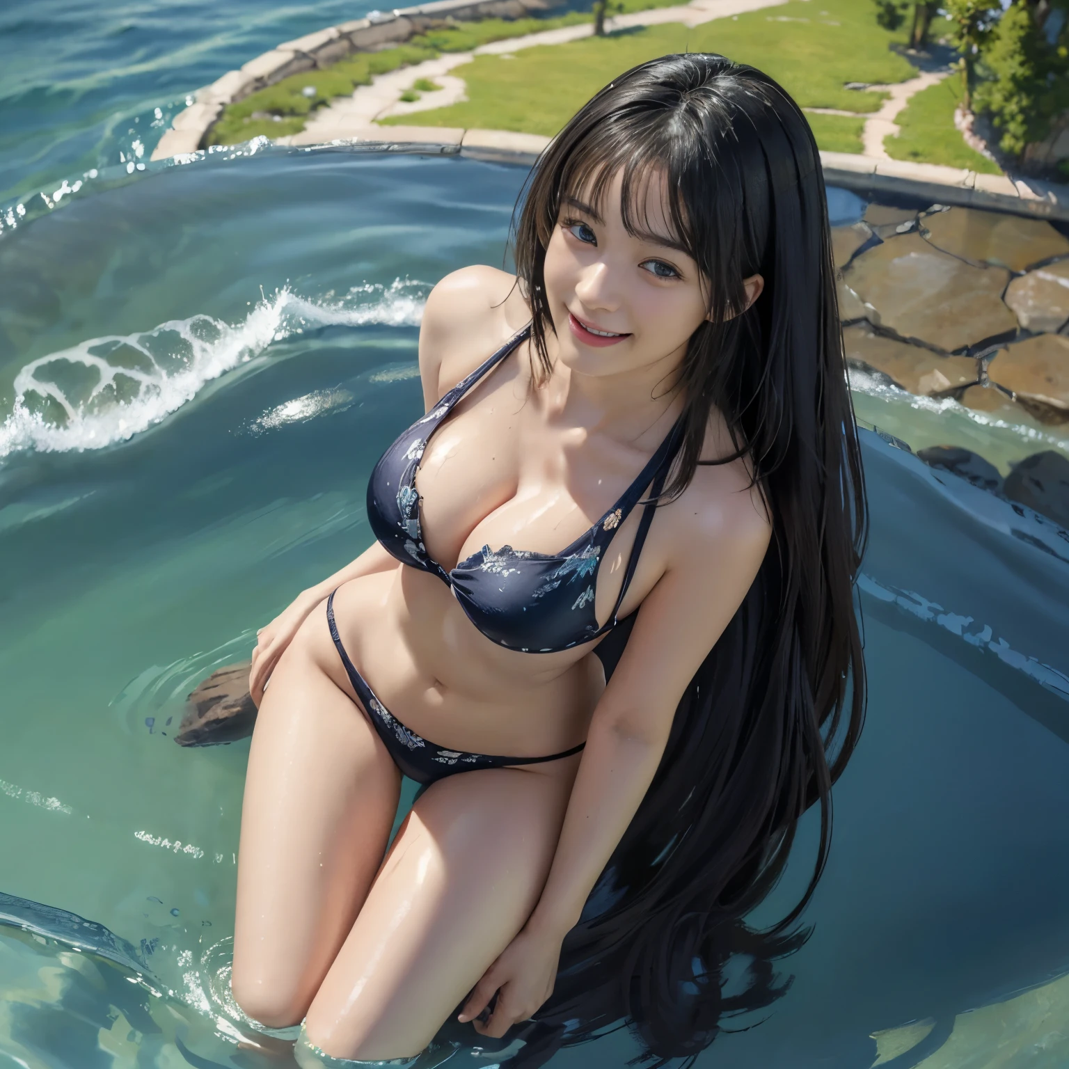 (A hyper-realistic), (illustratio), (hight resolution), (8K), (highly detailed), (The best illustrations), (beatiful detailed eyes), (top-quality), (ultra-detailliert), (masterpiece), (detailed face), droopy eyes,full of sweat, full body, long hair,inner colored,solo,Girl in simple dark bikini, huge , smile, water