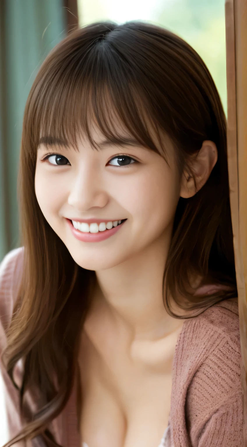 masterpiece,best quality,(Japanese ),((Beautiful girl)),cleavage,indoor,(perfect body beauty:1.2),(shy smile),beautiful teeth,