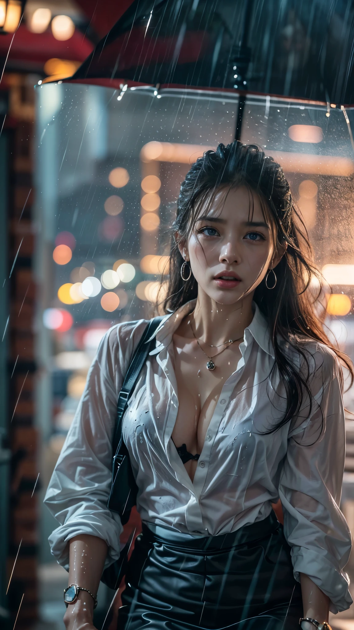 (RAW shooting, Photoreal:1.5, 8K, highest quality, masterpiece, ultra high resolution), perfect dynamic composition:1.2, Night street corner of a modern city, expression of sadness, (((Typhoon heavy rain))), Highly detailed skin and facial textures:1.2, Slim office lady wet in the rain:1.3, sexy beauty:1.1, perfect style:1.2, beautiful and aesthetic:1.1, Fair skin, very beautiful face, water droplets on the skin, (rain drips all over my body:1.2, wet body, wet hair:1.4, wet office tight skirt:1.2, wet office lady uniform:1.3), belt, (Medium chest, bra is see-through, Chest gap), (cry, lovelorn, The expression on your face when you feel intense caress, Facial expression when feeling pleasure), (beautiful blue eyes, Eyes that feel beautiful eros:0.8), (Too erotic:0.9, Bewitching:0.9), cowboy shot, Shoulder bag, necklace, earrings, bracelet, clock