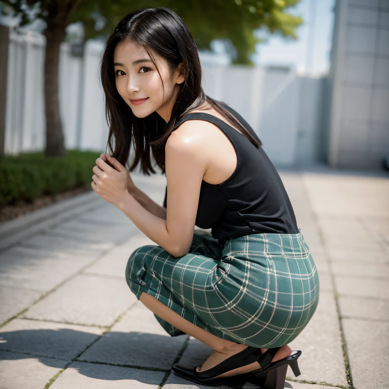 No leaks in neutral chest), 1 japanese woman, 30years old, baby face, tareme, ((small breasts:1.5)), ((squatting down)), green tartan check  one piece dress, (long  skirt:1.3), black pantyhose, open legs, enchanting eyes, double eyelid, charming smile, light smile, licking lips, freckles, black hair, hair over shoulder, (hairstyle waves), Beautiful woman with slender abs:1.3, office, Surrealism, depth of field, first-person view, sideways, back view, 35mm, f/1.2, Canon, 8K, UHD, masterpiece, textured skin, high details, high quality