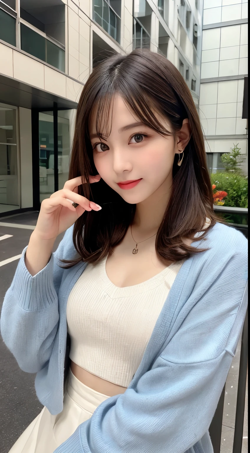 table top, highest quality, shape, Super detailed, finely, High resolution, 8k wallpaper, 完璧なダイナミックな構shape, beautiful and detailed eyes, small breasts, natural color lip, random sexy pose,smile,20 year old girl、midnight、Beautiful and dense face、perfect and beautiful face,Big eyes、Raw photo(best image quality),long sleeve blouse、cardigan、flare skirt、luxury tower apartment、cute face、cute