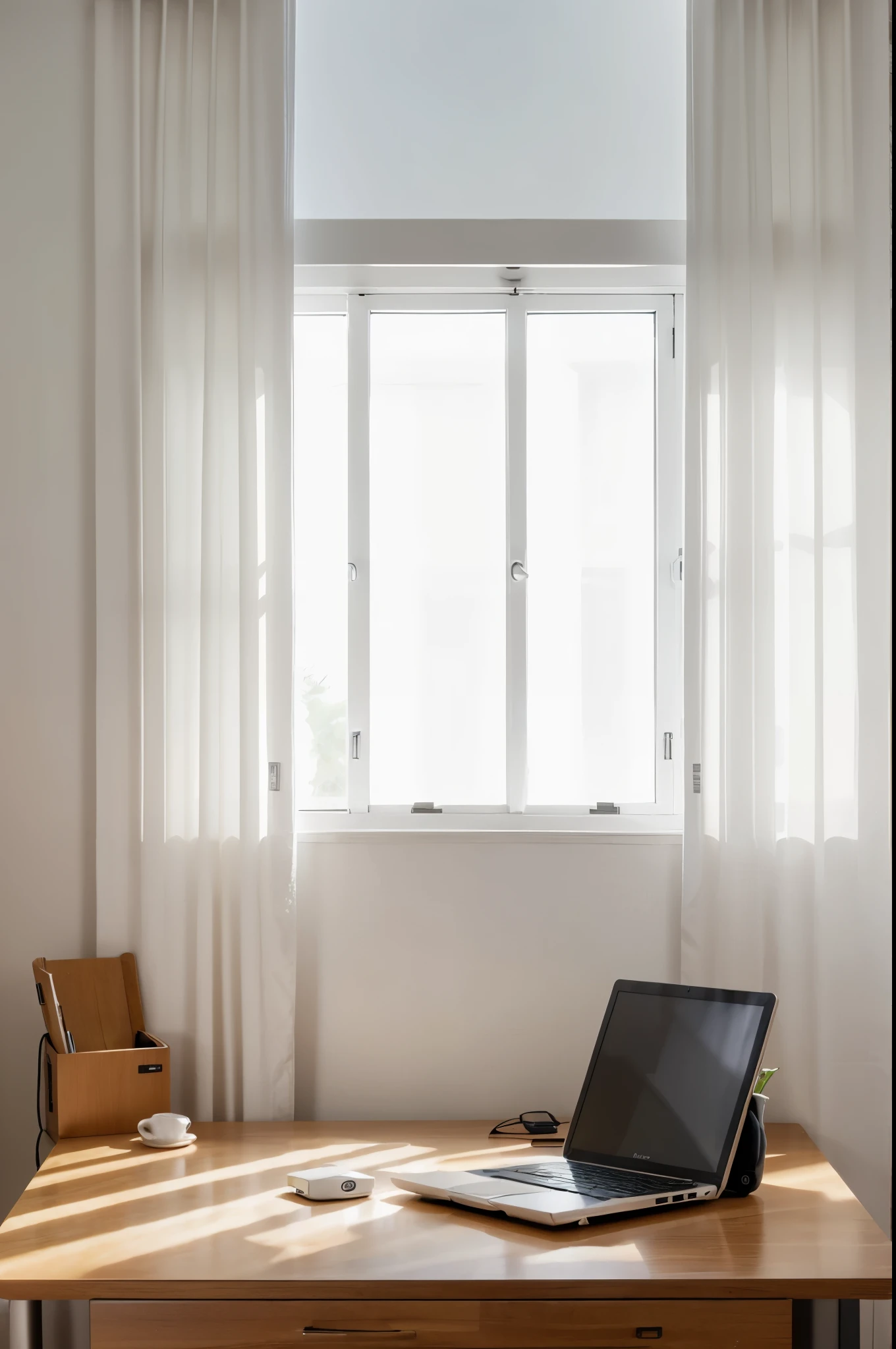 desk,There is a laptop on the table,keyboard,desk靠窗,white curtains,Sunlight,ultra high resolution