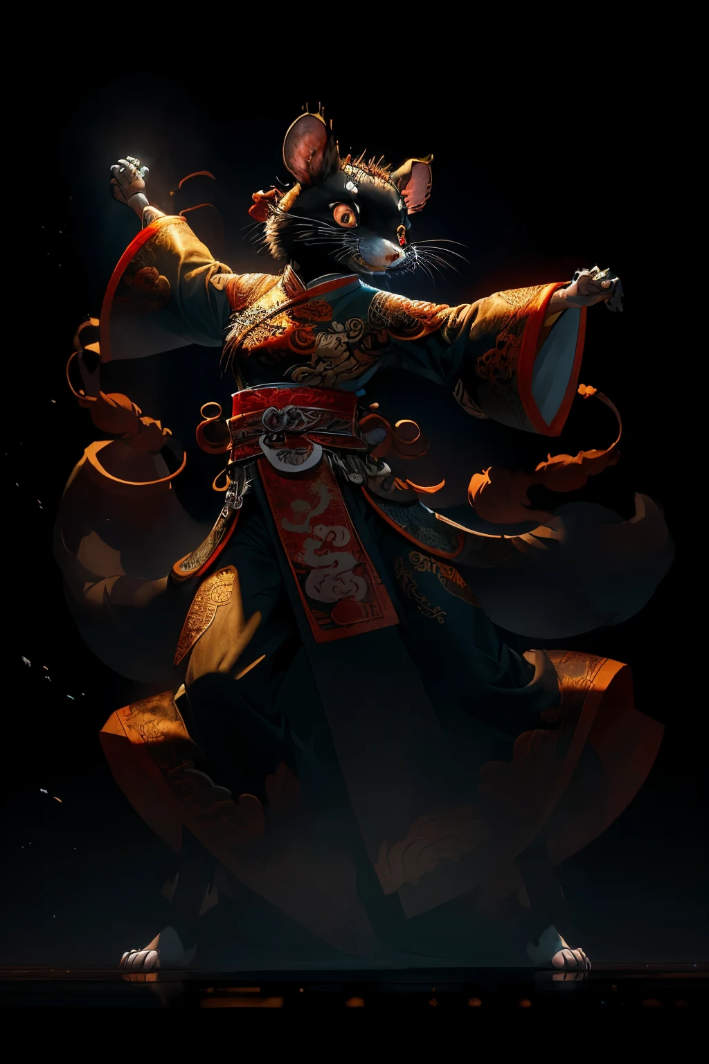 Full Length Shot of a Rat Anthropomorphism in a Chinese Ink Style Illustration: An amazing epicolese Chinese ancient theme unfolds as a shaman wizard performs martial arts moves with intricate dynamism. The rat, anthropomorphized with fine details and vibrant colors, adorns traditional Chinese clothing and sports a wise, knowing expression. His fur glistens under realistic lighting and shading, creating a sense of depth and texture. Surrounding the scene, vibrant Chinese motifs and symbols come to life, illuminated by the vivid and vibrant cinematic lighting. The composition is rendered in 8k using Octane Render or Unreal Engine, capturing every nuance and