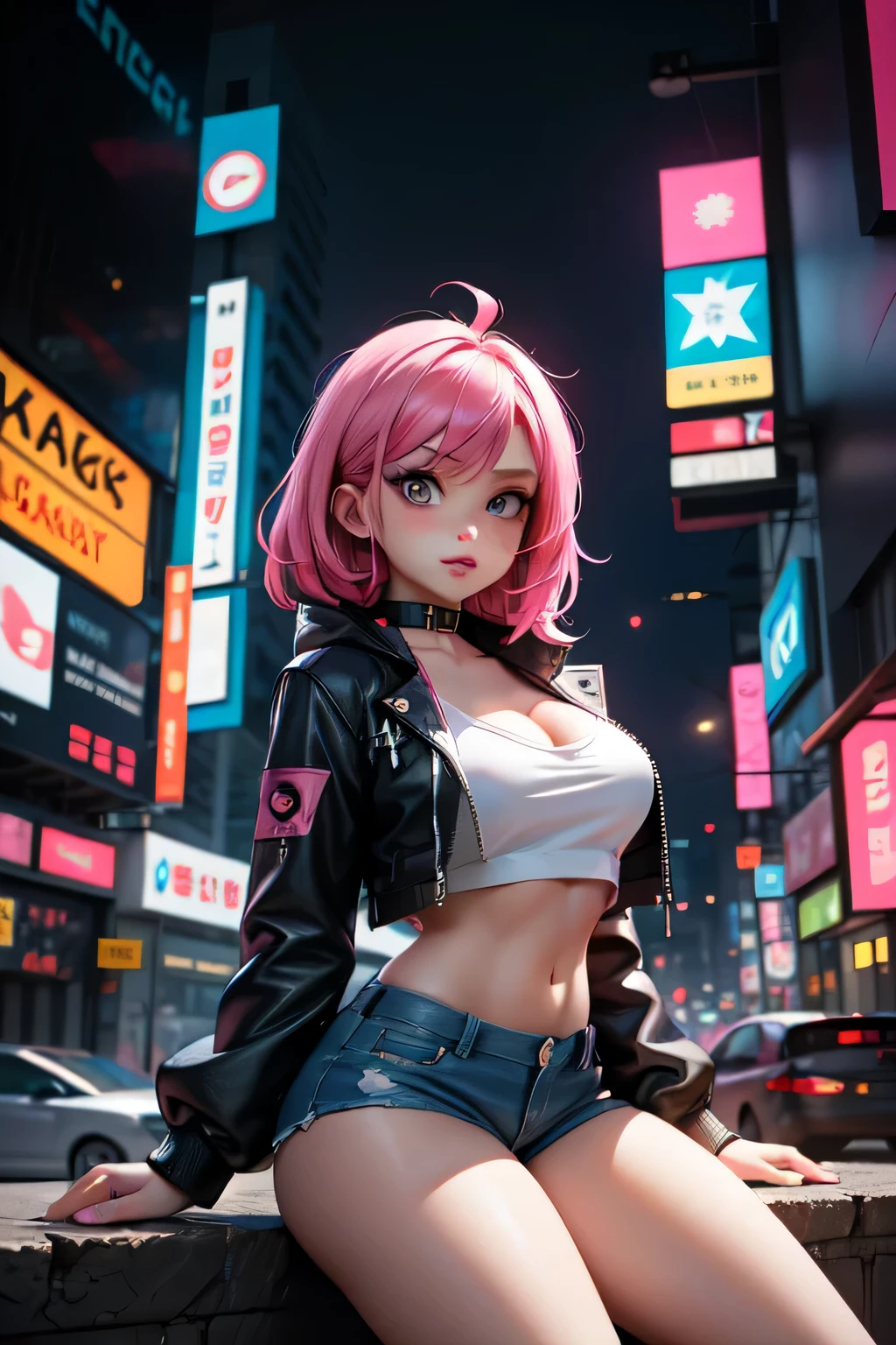 masterpiece, 1girl ((20year old, crop top exposes navel, tight blue jeans, sneakers, medium breasts, multicolor pink hair, twin ponytails, perfect model body, green eyes, flirting, happy, big smile, headphones, standing in a eerie graveyard with scary haunted Victorian style mansion in the background at night, neon lights, scary, spooky atmosphere)) ((nighttime)) ((solo))
