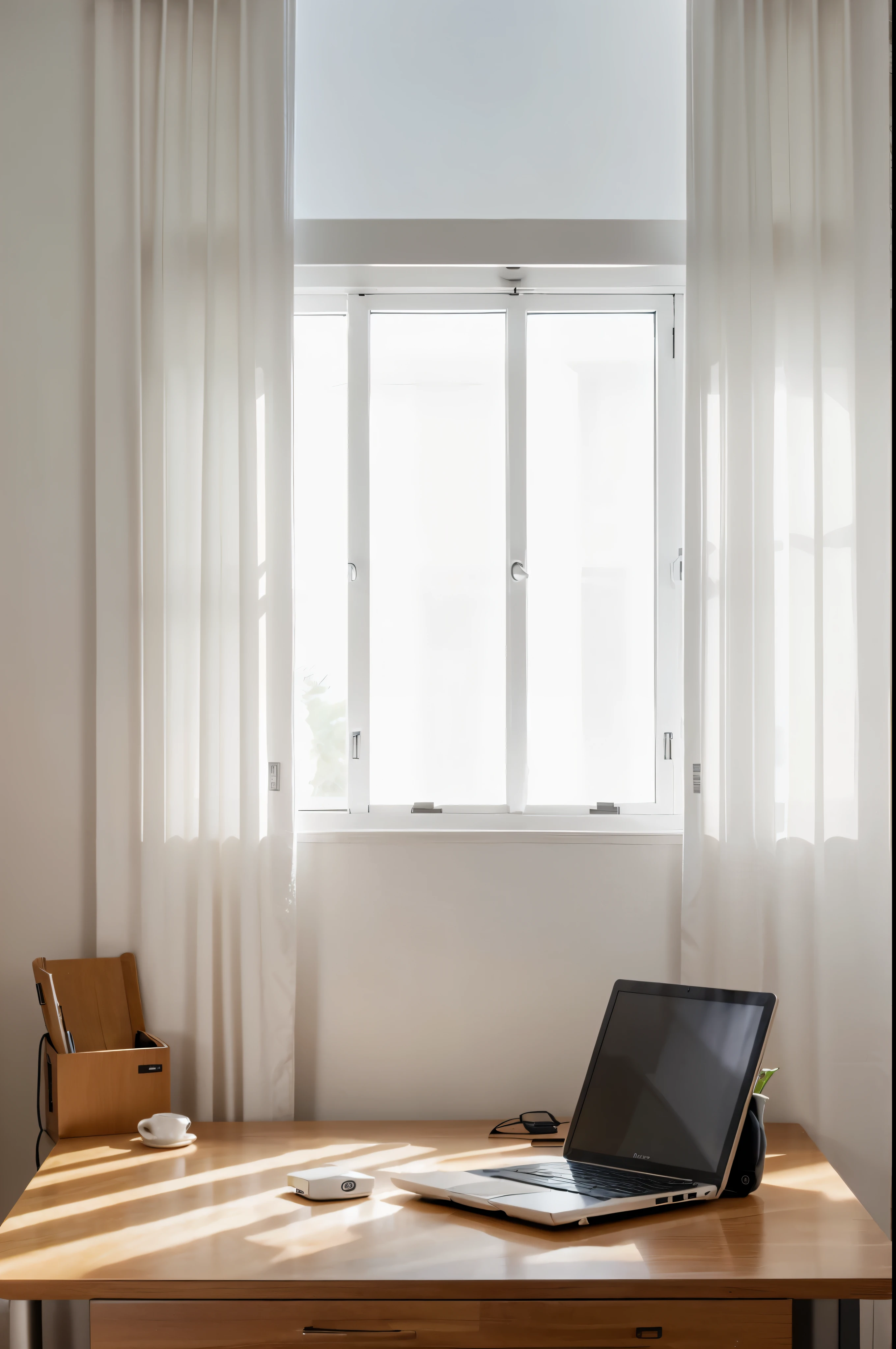 table,table上有一台笔记本,keyboard,table靠窗,white curtains,Sunlight,ultra high resolution