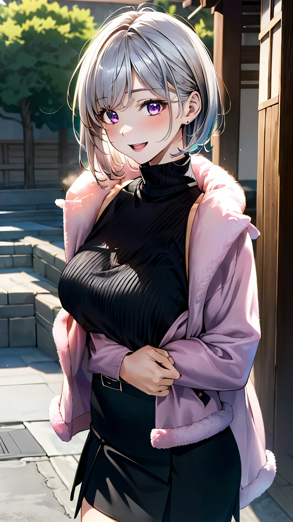(masterpiece:1.3, top-quality, ultra high res, ultra detailed), (realistic, photorealistic:1.4), beautiful illustration, perfect lighting, natural lighting, colorful, depth of fields,
beautiful detailed hair, beautiful detailed face, beautiful detailed eyes, beautiful clavicle, beautiful body, beautiful chest, beautiful thigh, beautiful legs, beautiful fingers,
looking at viewer, 1 girl, japanese, high school girl, perfect face, (perfect anatomy, anatomically correct), cute and symmetrical face, face, , shiny skin,
(short hair:1.5, pixie cut:1.4, silver hair), swept bangs, cliped bangs, dark purple eyes, long eye lasher, (medium breasts), slender,
(((long sleeve pink fur jacket, round-neck black sweater, tight skirt)), belt, necklace, ,
(beautiful scenery), evening, (hot spring town), standing, hands on chest, (seductive smile, open mouth),