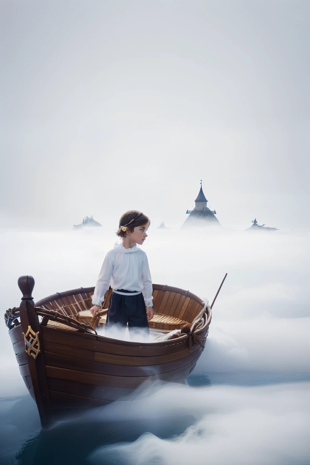 Fairytale Kingdom of Fantasia. ((((10-year-old)) Bastian Balthazar Bux)), german boy, shy, lively eyes. ((((german classic prince clothings)))), ((dark-chestnut hairstyle)). Sailing in a ((wicker)) boat, across a sea made of ((((white fog)))).