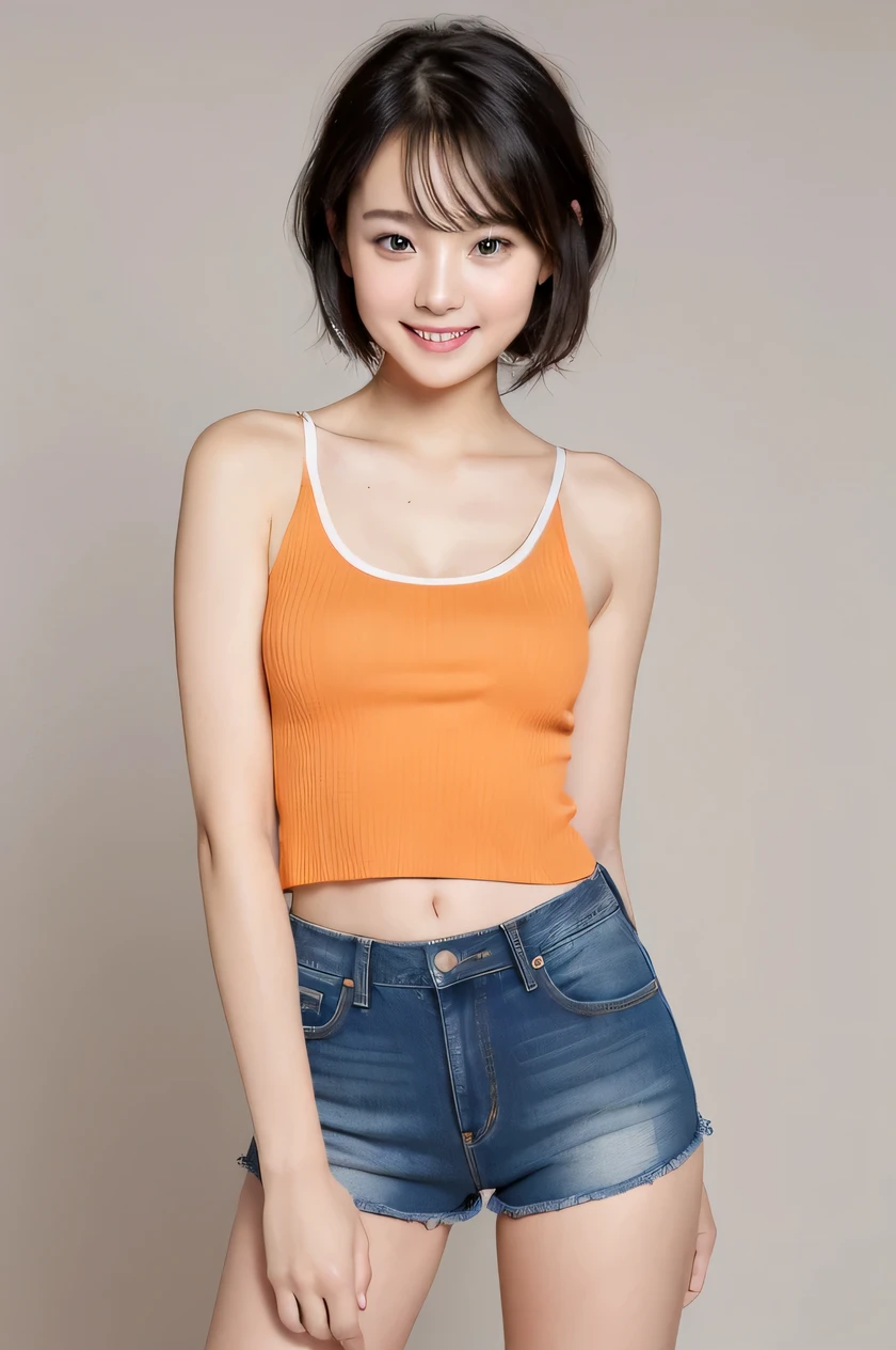 The beauty of 8K raw photos:2.0, short hair, 18 years old, great face and dark eyes, looking at the viewer, smile full of joy:1.6, show teeth, dynamic pose, spread leg, tiny top, (orange tops, denim shorts:1.2), shinny skin, realistic:1.9, very detailed, High resolution RAW color photos, professional photos, Taken at the studio, plain wallpaper, girl sexy portrait