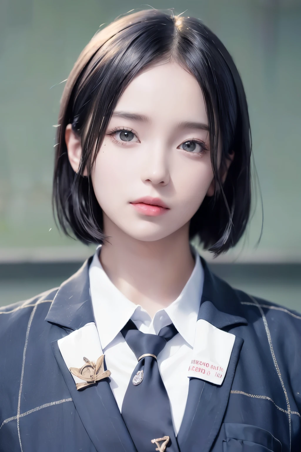 best quality, masterpiece, (photorealistic:1.4), 1 girl, upper body, short hair, uniform school, suit school, necklace, cute, ((in school:1.4)), outside, big , -- Face Details:1.7 -- 