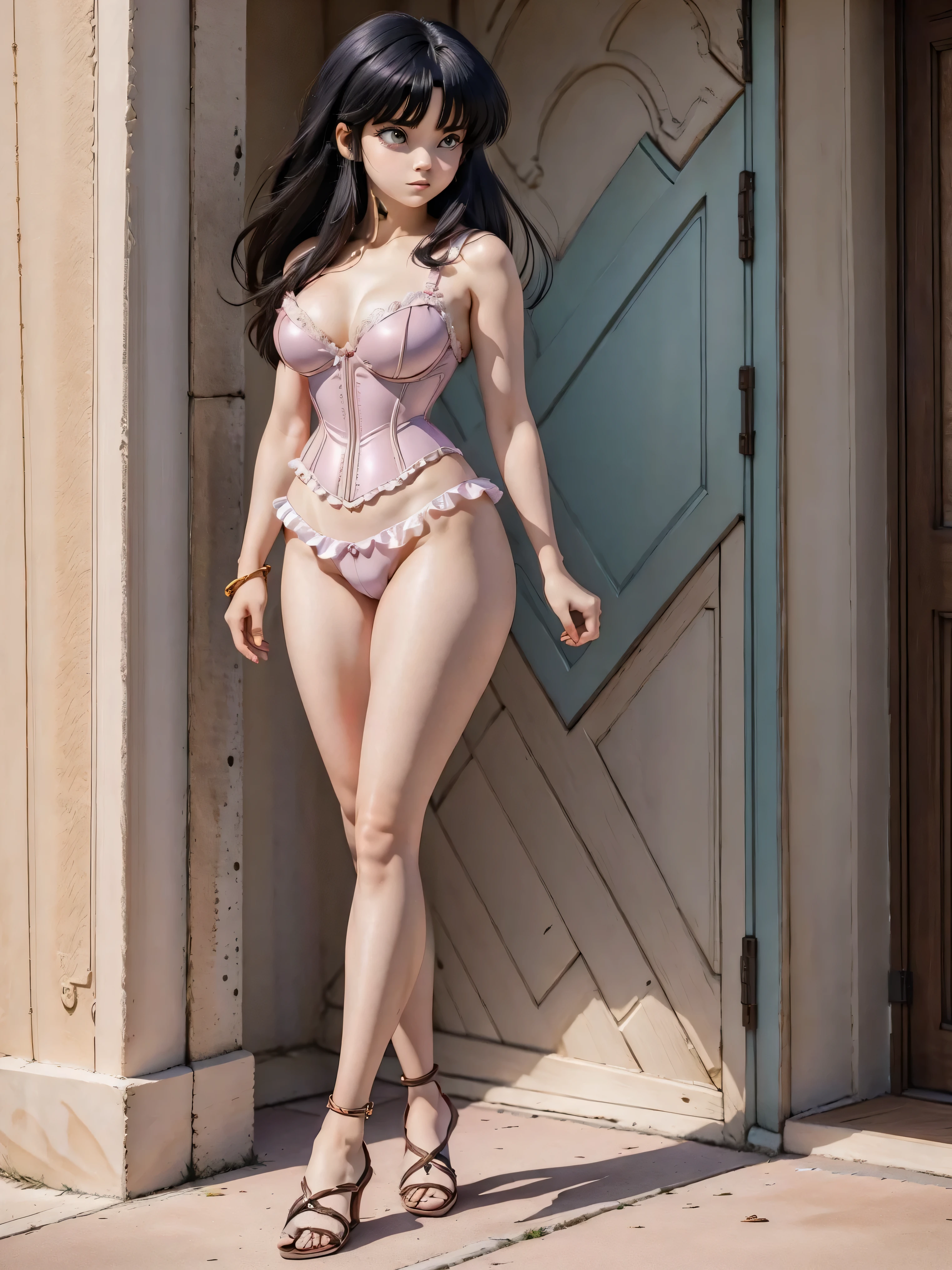 Dark-haired anime girl in pink swimsuit and corset, , corpo bonito, seios grandes, com hand in panties , hand in hair, Garota sensual, purple cabelo, mechas de cabelo laterais, mechas de cabelo na lateral do rosto, beautiful lighting, sombras suaves, olhos azuis, pernas bonitas, cabelo curto, estilo anime, personagem Akane Tendo, Autora Rumiko Takahashi, Baseado em obra de Rumiko Takahashi, Anime Ranma 1/ 2, decote sensual, quadril robusto, corpo inteiro, corpo inteiro, busto grande, garota jovem com corpo belo e bonito, sandals on his feet, garota 16 anos usando maiô e corset pink, garota anime, estilo anime, beautiful feet in sandals, 45° viewing angle, ao ar livre, peito grande, seios bonitos, cabelo preto, sandals on the feet, pernas bonitas, sensual, belas pernas, Sandalias, seios grandes, corpo completo, corpo inteiro, feet with sandals, anime realista, saia, sarja roxa, personagem realista sensual, postura reta, ao ar livre, calcinha pink, hand in panties