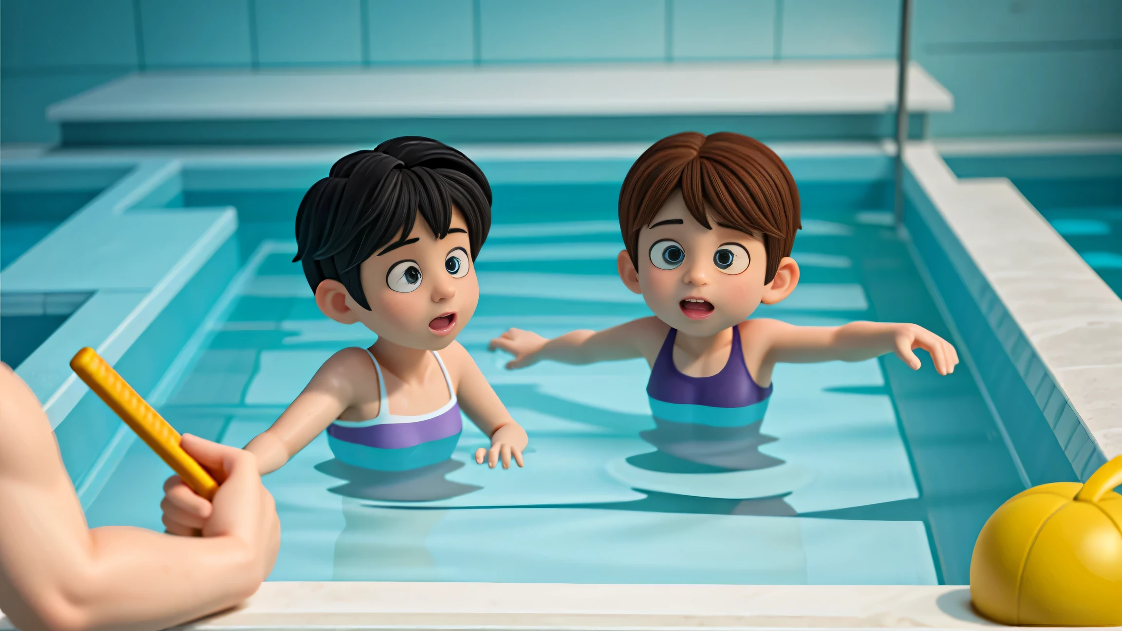 Masterpiece, high quality, focus, 8k resolution, children story book , comic book, graphic novel and book cover , vector illustration, good image , good hands and face, good image, very unique and attractive, swimming poll scene, cool, color , children playing in swimmimg pool.