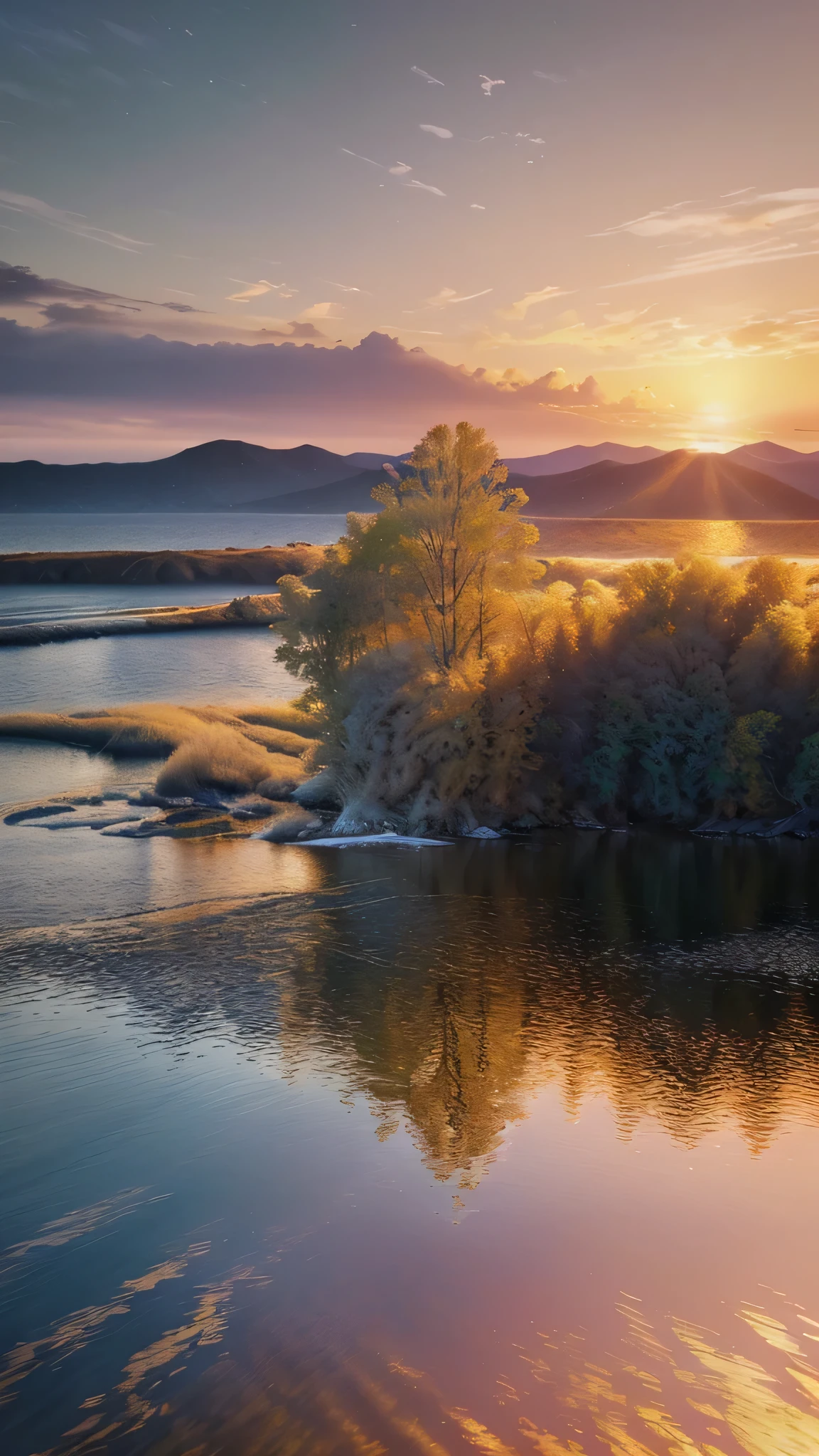 sunset, landscape, water, (very detailed CG unity 8k wallpaper), the most beautiful artwork in the world, professional majestic oil painting, intricate, high detail, clear focus, dramatic, realistic painting art, blue sky.