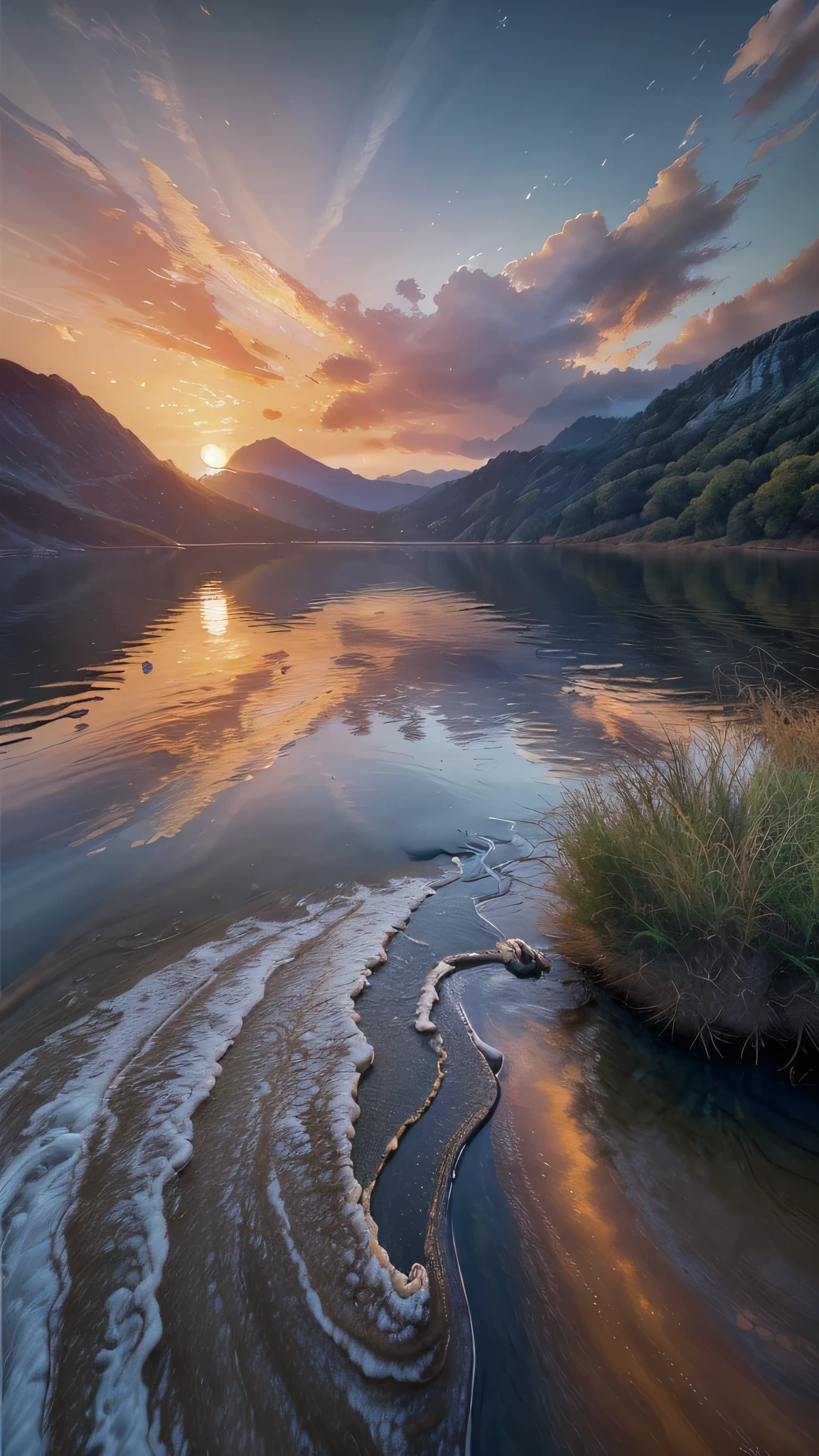 sunset, landscape, water, (very detailed CG unity 8k wallpaper), the most beautiful artwork in the world, professional majestic oil painting, intricate, high detail, clear focus, dramatic, realistic painting art, blue sky.