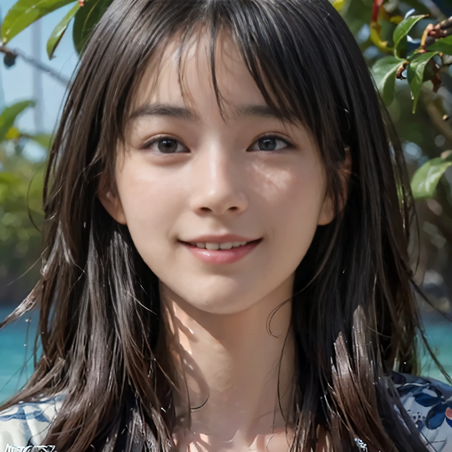 (A hyper-realistic), (illustratio), (hight resolution), (8K), (highly detailed), (The best illustrations), (beatiful detailed eyes), (top-quality), (ultra-detailliert), (masterpiece), (detailed face), droopy eyes,full of sweat, full body, long hair,inner colored,solo,Girl in simple dark bikini, huge , smile, water
