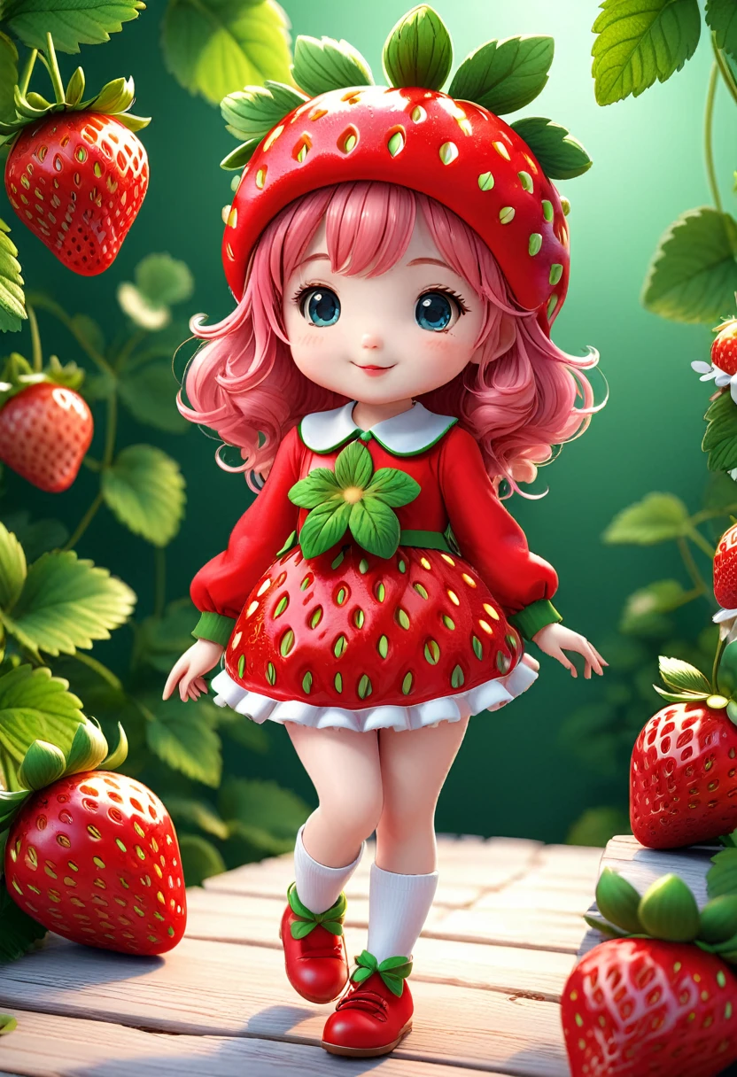 A charming 3D render illustration of a cute, strawberry costume. The overall atmosphere is warm and festive, with a touch of anime-inspired cuteness., photo, 3d render, illustration, anime, cinematic