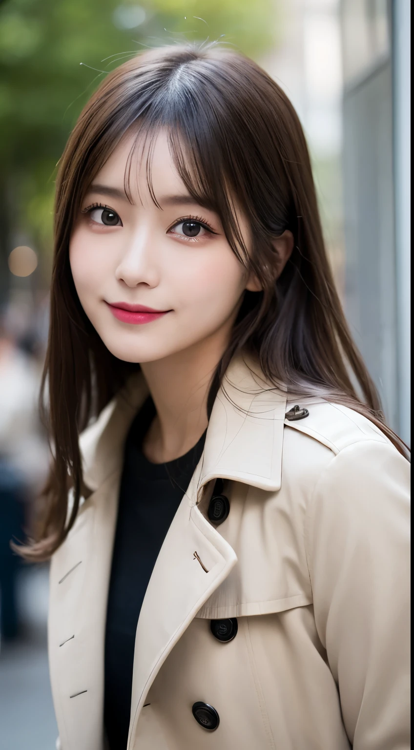 table top, highest quality, shape, Super detailed, finely, High resolution, 8k wallpaper, 完璧なダイナミックな構shape, beautiful and detailed eyes, Gorgeous black fluffy Tokyo winter clothes,ランダムなcute髪,,natural color lip, bold sexy pose,smile、20 year old girl、cute、sexy shot looking at camera,Always blur the background,perfect and beautiful face,Take only the face,Beautiful and dense face、slim face and style,Big eyes、Do gal makeup,small face,Wearing a luxury brand spring trench coat