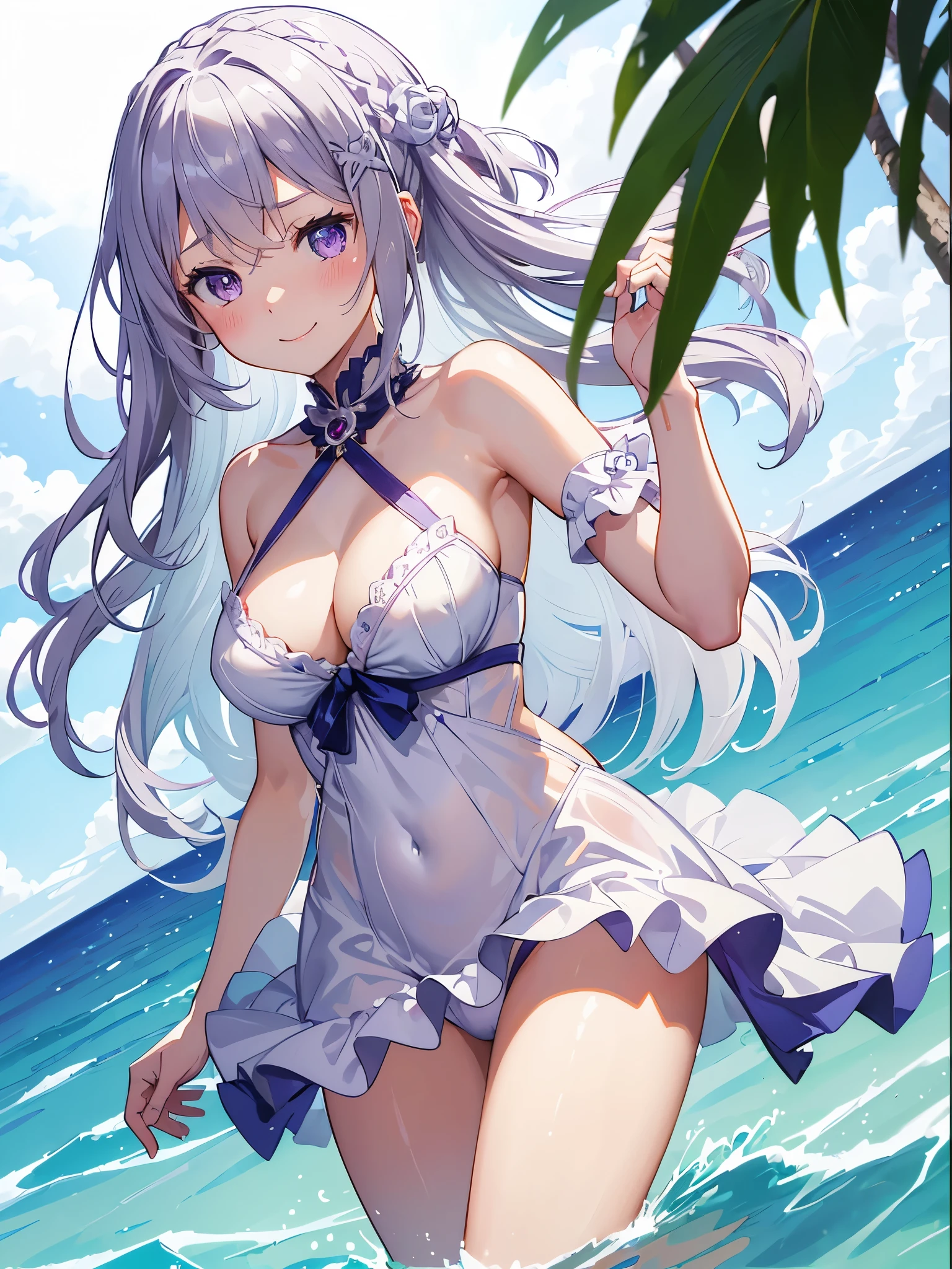 ((4K, ​master piece, Best Quality)), 1girl, Emilia re:zero, purple eyes, Emilia, crown braid, x hair ornament, flower hair ornament, white hair, very long hair, medium breasts, Cute, blush, medium breasts⁩, swimsuit, summer smile