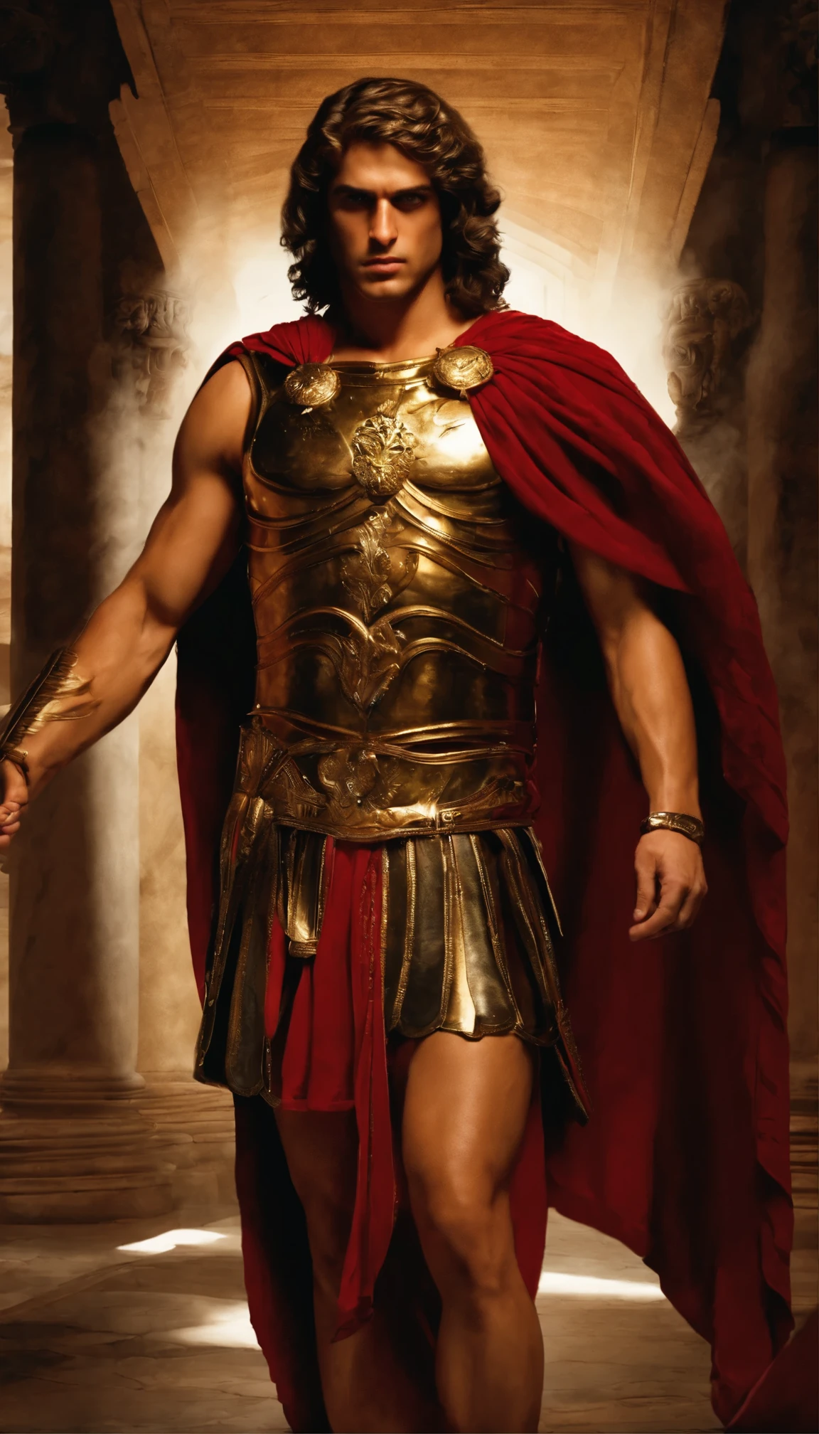 Alexander the great standing in his rome palace, angry in his eyes, dark background