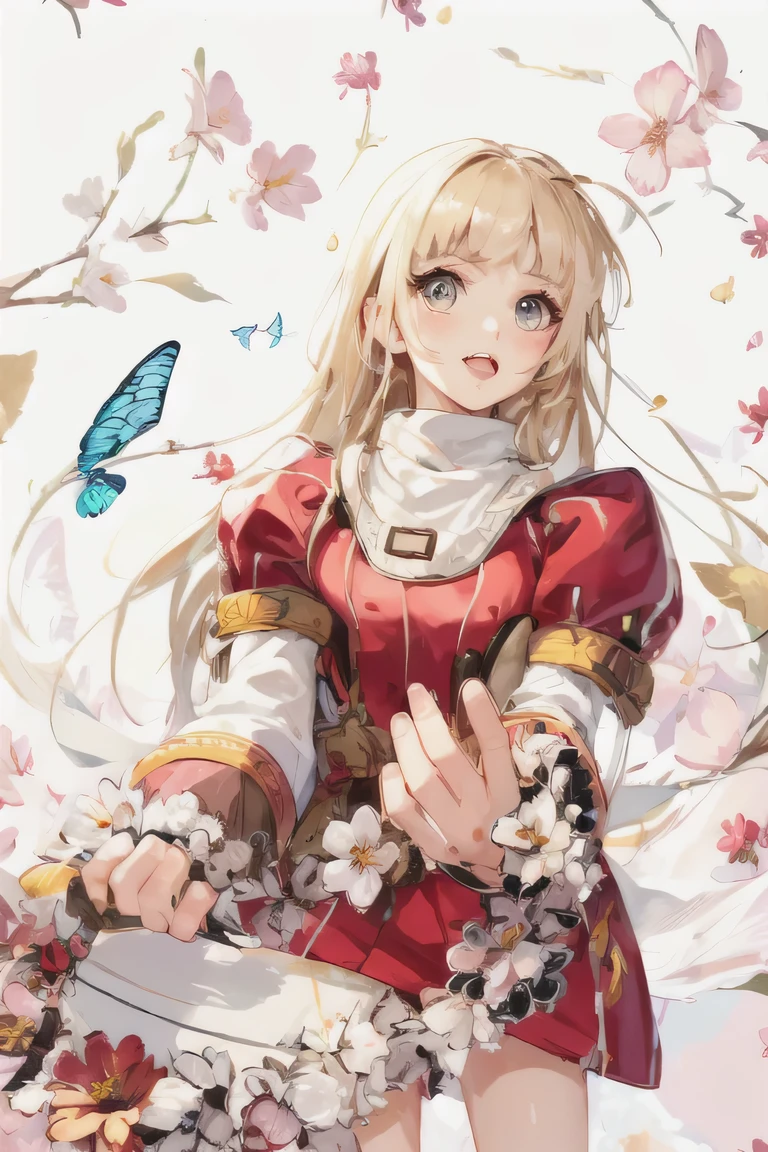 High quality images, image of a girl with long hair (blonde, big brown eyes), National costume (Pink and white background), Bright and fantastic illustrations, Background with flowers and butterflies flying around, Inomata illustration style