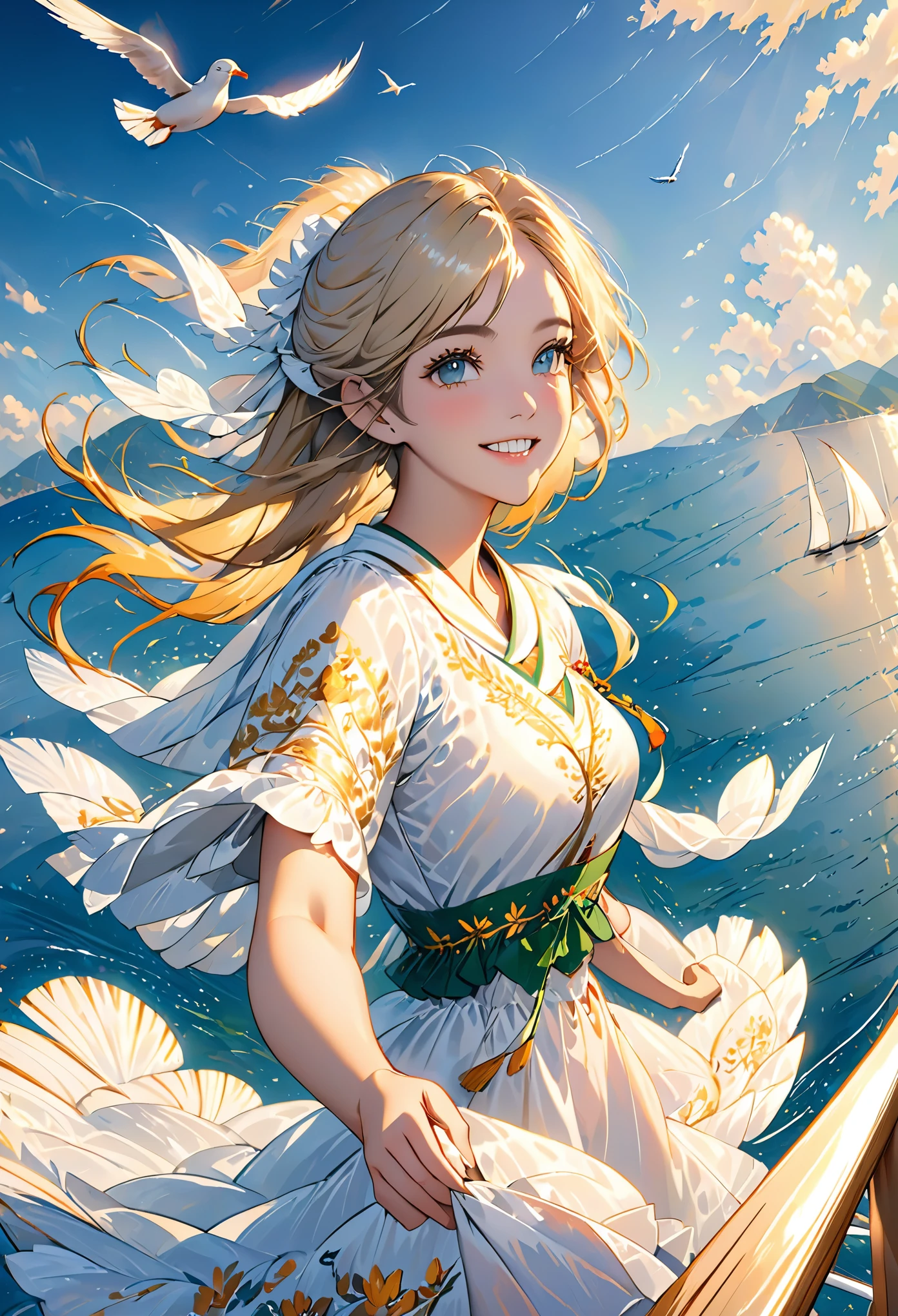 (((masterpiece, best quality, HD, high detail)))), ((((fantasy))), one, (elf woman)))), (Gold embroidered white skirt), (blonde long straight hair), (glossy dark green eyes), (Gold embroidered white ruffled shirt), big deal, (((On the deck of a sailboat at sea)), (vast sea))), (There are clouds visible in the sky)), (( Seagulls fly in the sky)), Smile, (breeze), light particles flying