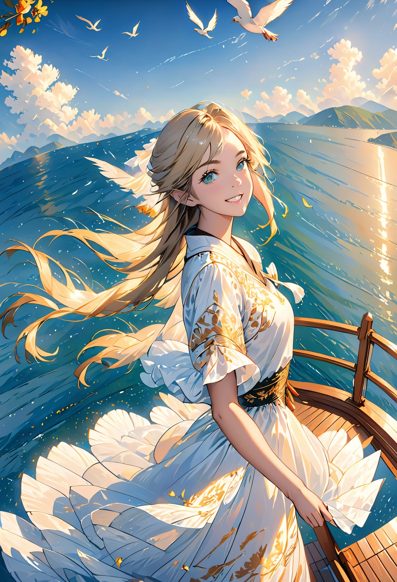 (((masterpiece, best quality, HD, high detail)))), ((((fantasy))), one, (elf woman)))), (Gold embroidered white skirt), (blonde long straight hair), (glossy dark green eyes), (Gold embroidered white ruffled shirt), big deal, (((On the deck of a sailboat at sea)), (vast sea))), (There are clouds visible in the sky)), (( Seagulls fly in the sky)), Smile, (breeze), light particles flying