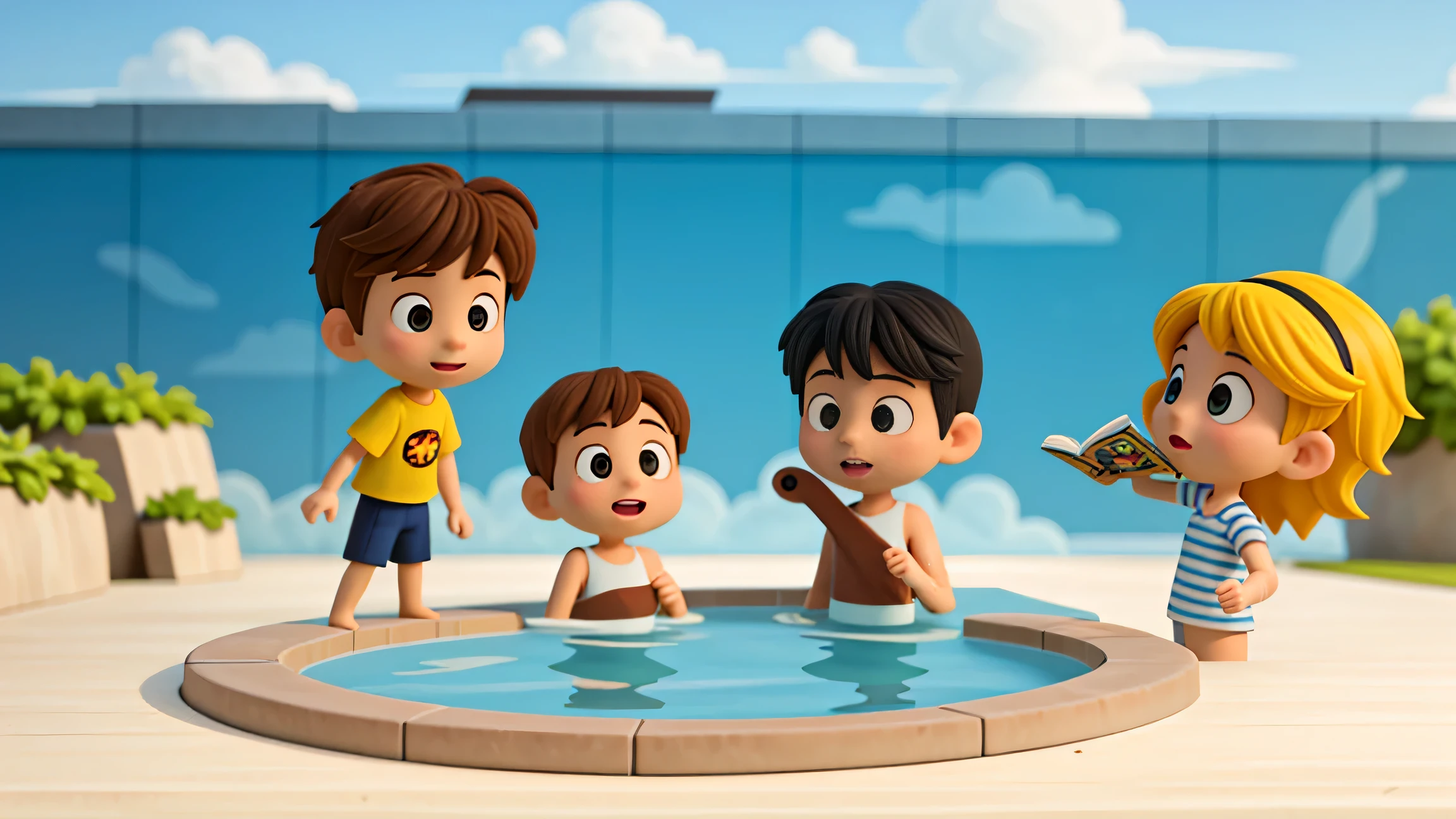 Masterpiece, high quality, focus, 8k resolution, children story book , comic book, graphic novel and book cover , vector illustration, good image , good hands and face, good image, very unique and attractive, swimming poll scene, cool, color , children playing in swimmimg pool.