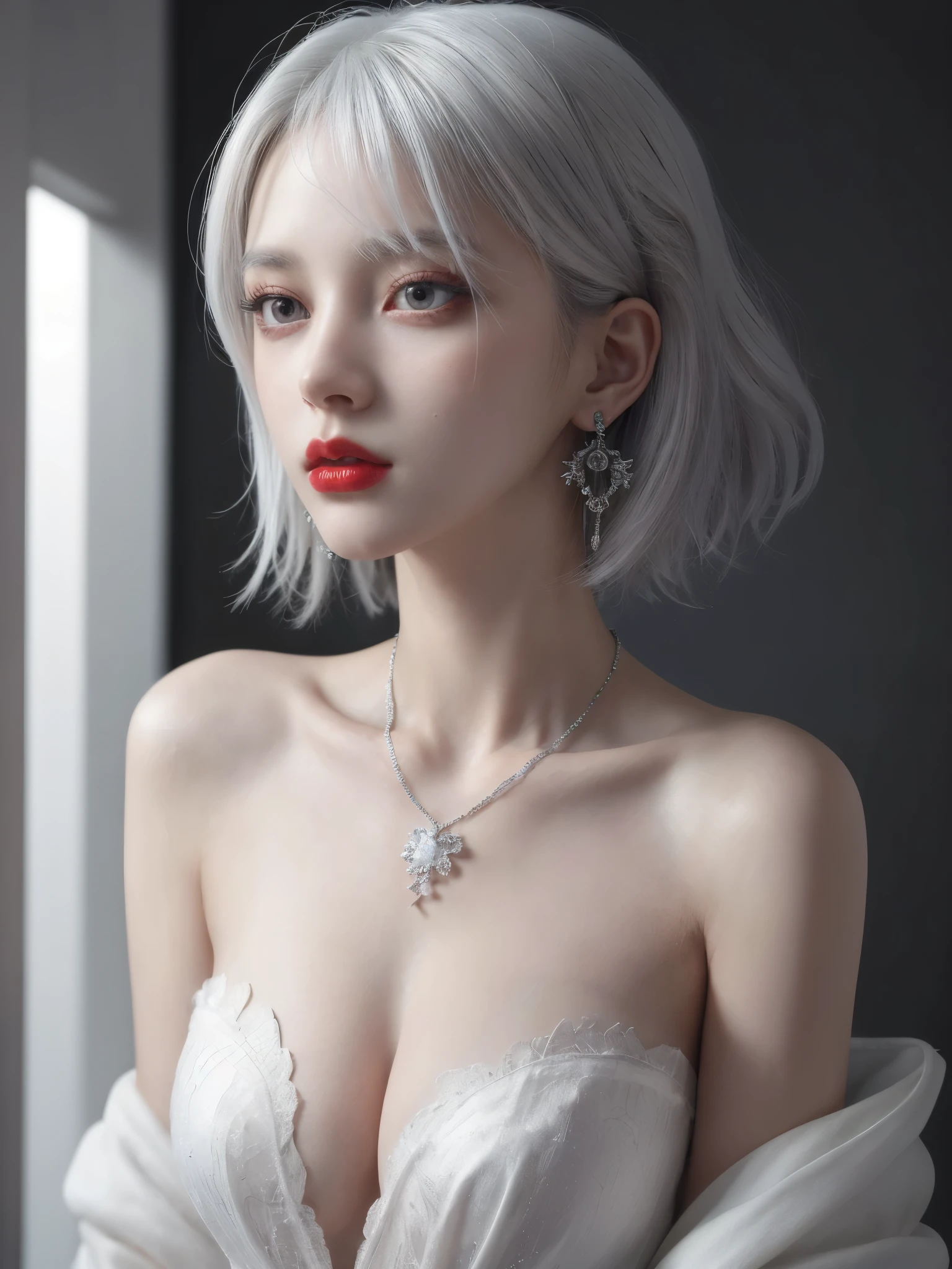 very cool,1girl,jewelry,multicolored hair,Silver hair,white hair,solo,necklace,short hair,upper body,earrings,red lips,looking away,bare shoulders,looking to the side,makeup,lipstick,, best quality , masterpiece, illustration, an extremely delicate and beautiful, extremely detailed ,CG,unity,8k wallpaper, Amazing, finely detail, masterpiece, best quality,official art,extremely detailed CG unity 8k wallpaper,absurdres, incredibly absurdres, huge filesize , ultra-detailed, highres, extremely detailed,beautiful detailed girl, extremely detailed eyes and face, beautiful detailed eyes,light on face,