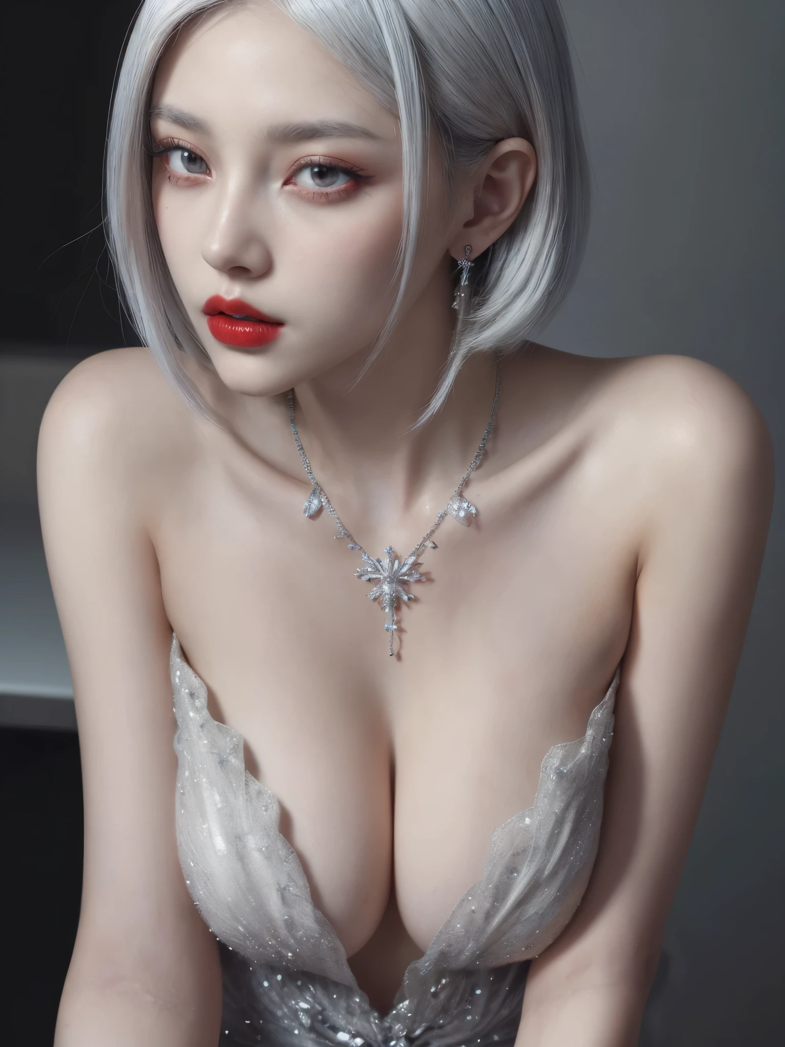 very cool,1girl,jewelry,multicolored hair,Silver hair,white hair,solo,necklace,short hair,upper body,earrings,red lips,looking away,bare shoulders,looking to the side,makeup,lipstick,, best quality , masterpiece, illustration, an extremely delicate and beautiful, extremely detailed ,CG,unity,8k wallpaper, Amazing, finely detail, masterpiece, best quality,official art,extremely detailed CG unity 8k wallpaper,absurdres, incredibly absurdres, huge filesize , ultra-detailed, highres, extremely detailed,beautiful detailed girl, extremely detailed eyes and face, beautiful detailed eyes,light on face,