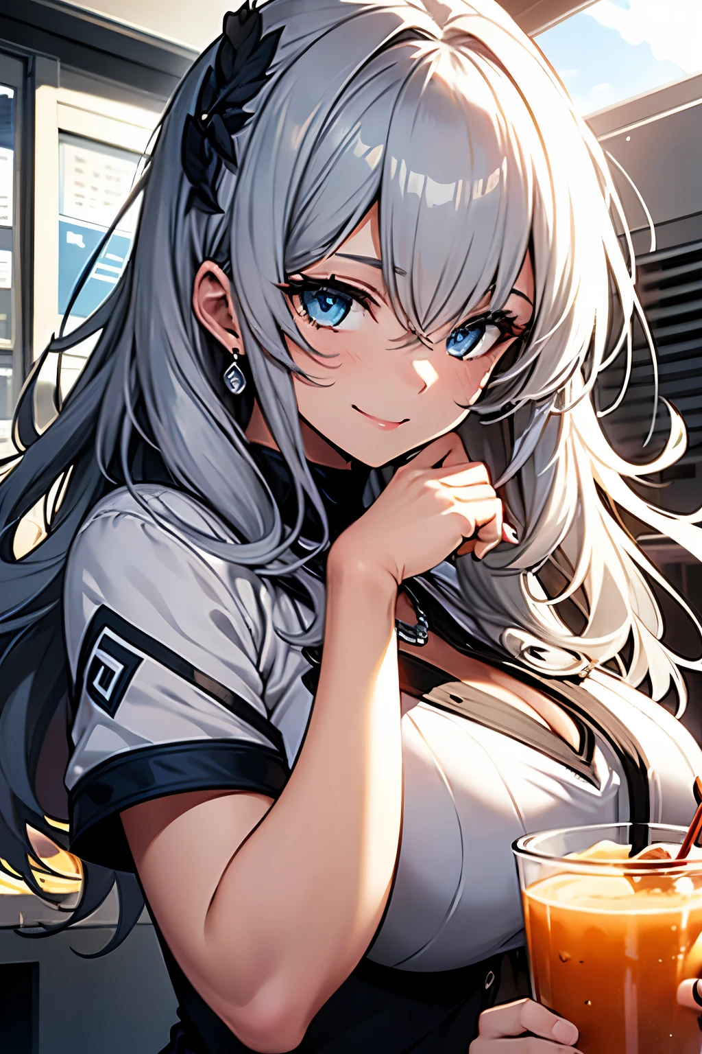 A girl with an upper body enlarged in this high-quality comic-style illustration is depicted. Her gray hair cascades down her shoulders, framing her blue eyes that twinkle with happiness. Her cute, wide smile radiates joy as she takes a sip from a cup, her blue short sleeves lightly tanned from direct sunlight. A silver necklace adorns her face, adding a touch of elegance to her features. Every detail, from her facial expression to the intricacies of her limbs, is rendered with meticulous care, making this a true comic masterpiece.
