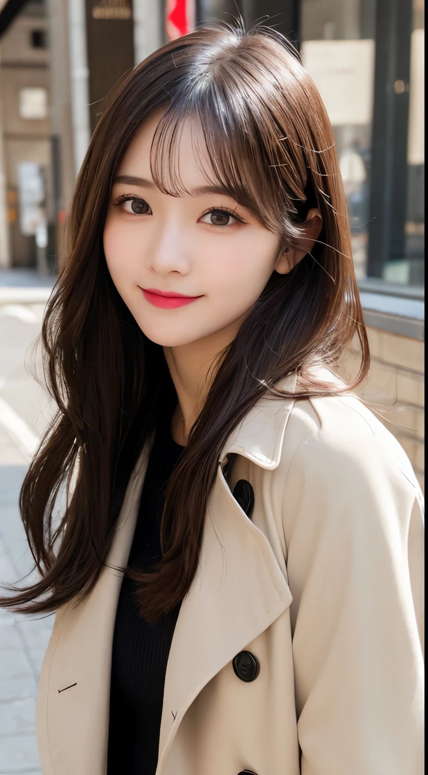 table top, highest quality, shape, Super detailed, finely, High resolution, 8k wallpaper, 完璧なダイナミックな構shape, beautiful and detailed eyes, Gorgeous black fluffy Tokyo winter clothes,ランダムなcute髪,,natural color lip, bold sexy pose,smile、20 year old girl、cute、sexy shot looking at camera,Always blur the background,perfect and beautiful face,Take only the face,Beautiful and dense face、slim face and style,Big eyes、Do gal makeup,small face,Wearing a luxury brand spring trench coat