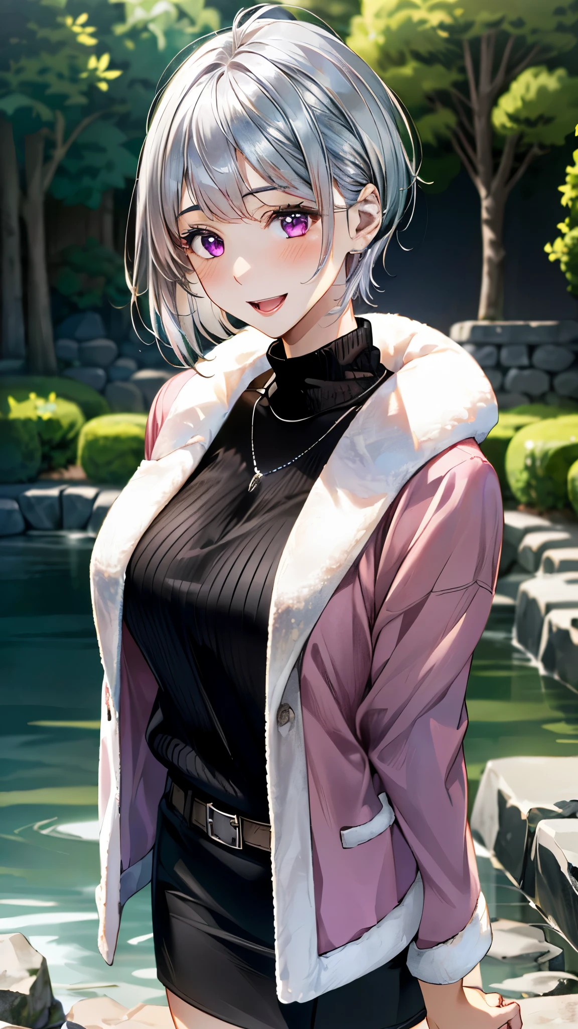 (masterpiece:1.3, top-quality, ultra high res, ultra detailed), (realistic, photorealistic:1.4), beautiful illustration, perfect lighting, natural lighting, colorful, depth of fields, 
beautiful detailed hair, beautiful detailed face, beautiful detailed eyes, beautiful clavicle, beautiful body, beautiful chest, beautiful thigh, beautiful legs, beautiful fingers, 
looking at viewer, 1 girl, japanese, high school girl, perfect face, (perfect anatomy, anatomically correct), cute and symmetrical face, babyface, , shiny skin, 
(short hair:1.5, pixie cut:1.4, silver hair), swept bangs, cliped bangs, dark purple eyes, long eye lasher, (medium breasts), slender, 
(((long sleeve pink fur jacket, round-neck black sweater, silver tight skirt)), belt, necklace, , 
(beautiful scenery), evening, (hot spring town), standing, hands on chest, (seductive smile, open mouth), 