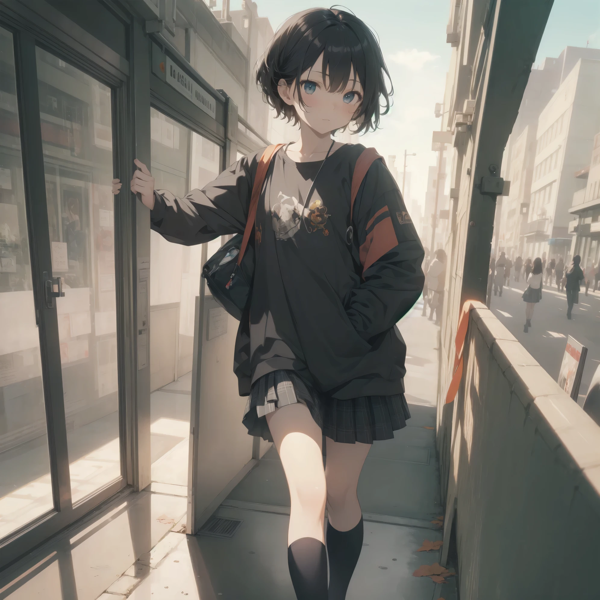 Super Absurd - Top Quality from the God of Art, Super detailed, High resolution, anime moe art style, best anime 8K konachan wallpaper, Pixiv contest winners, perfect anatomy,break, (眠そうにalone学校へ行く女の子を描いてください. )break,1 girl, (alone,little woman, cute face, 13 years old:1.3),All limbs, full finger,, The charm of an immature body, (very_short hair), shortcut, Bang, flat chest, small ass, between legs, small black eyes, detailed and beautiful eyes, Well-proportioned iris and pupils, expressive eyes, High resolutionの詳細な髪, neck ribbon, shirt, collared shirt, skirt, pleated skirt, , (detailed lighting), (detailed background), On the way to school. break,super dense skin, Best cinematic lighting powered by famous artist, 8K,Beauty Illustration,photoshop_(Moderate),Absurd Hi-Res,UHD,rough skin,break,((artist:Fujiyama)), artist:Fujichoko,artist:Yamamoto_Soichiro,artist:hanekoto