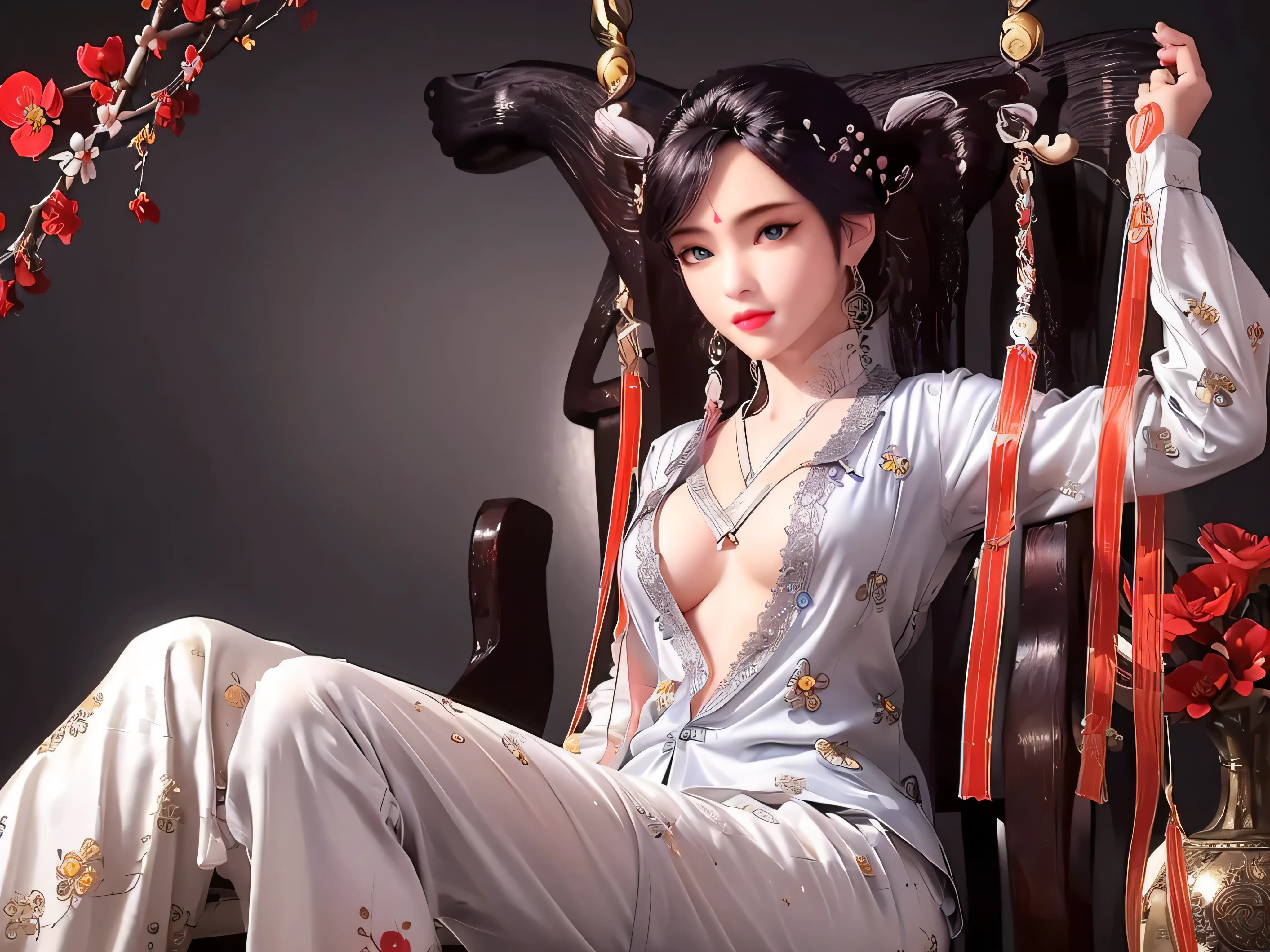 1 Beautiful and sexy 20 year old girl, ((Slim and sexy pajamas,Deep seam cover :1.6)), ((long black hair:1.6)), Bangs, Exquisite jewelry made from gemstones and fair hair, ((Wearing a black lace necklace:1.4)), noble, noble气质,Very girly beauty, Super cute little face, ((bright face:1.2)), very pretty face, thin eyebrows, The eyes are so fair and perfect, flawless fair face, ((black pupils: 0.8)), very fair eyes, ((Eyes silver: 1.5)), Purple eyeshadow makeup, Beautiful makeup and detailed hairstyle, eyelash, steam eye makeup, high nose, earrings, red lips, ((shut your mouth: 1.5)), fair lips, slender hands, Beautiful thighs are the best, ((sitting position, Hold your chest out,Put your arms behind your back: 1.6)), ((Spread your legs moderately:1.6)), ashamed, rosy face, clean face, flawless fair face, Light滑白皙的皮肤, (big breasts: 1.3)), ((high chest: 1.6)), firm breasts, fair cleavage, (((big round breasts: 1.5))), ((Breasts are super tight: 1.5)), fair , plump breasts, Perfect body, 保持Hold your chest out抬頭, 8k photos, super high quality, surreal, Super 10x pixels, Light学的, studio bright, edge bright, two-tone Lighting, (High detail skin: 1.2), Ultra 8K, soft Light, high quality, volumetric Light, Light学的, high resolution Light学的, Light, best photos, 8K quality, smooth sharpness, (((Fair and translucent skin, Super bright background: 1.2))), (((Super Glossy Skin:1.5))), bright colors harmonious Light, ((Red flowers background:1.5)), 极Light, Lightning, Ultra-realistic graphics, The most realistic graphics, alone, alone, extremely sharp, surreal images, Look at the fair girl'Body, (((frontal portrait: 1.2)))."