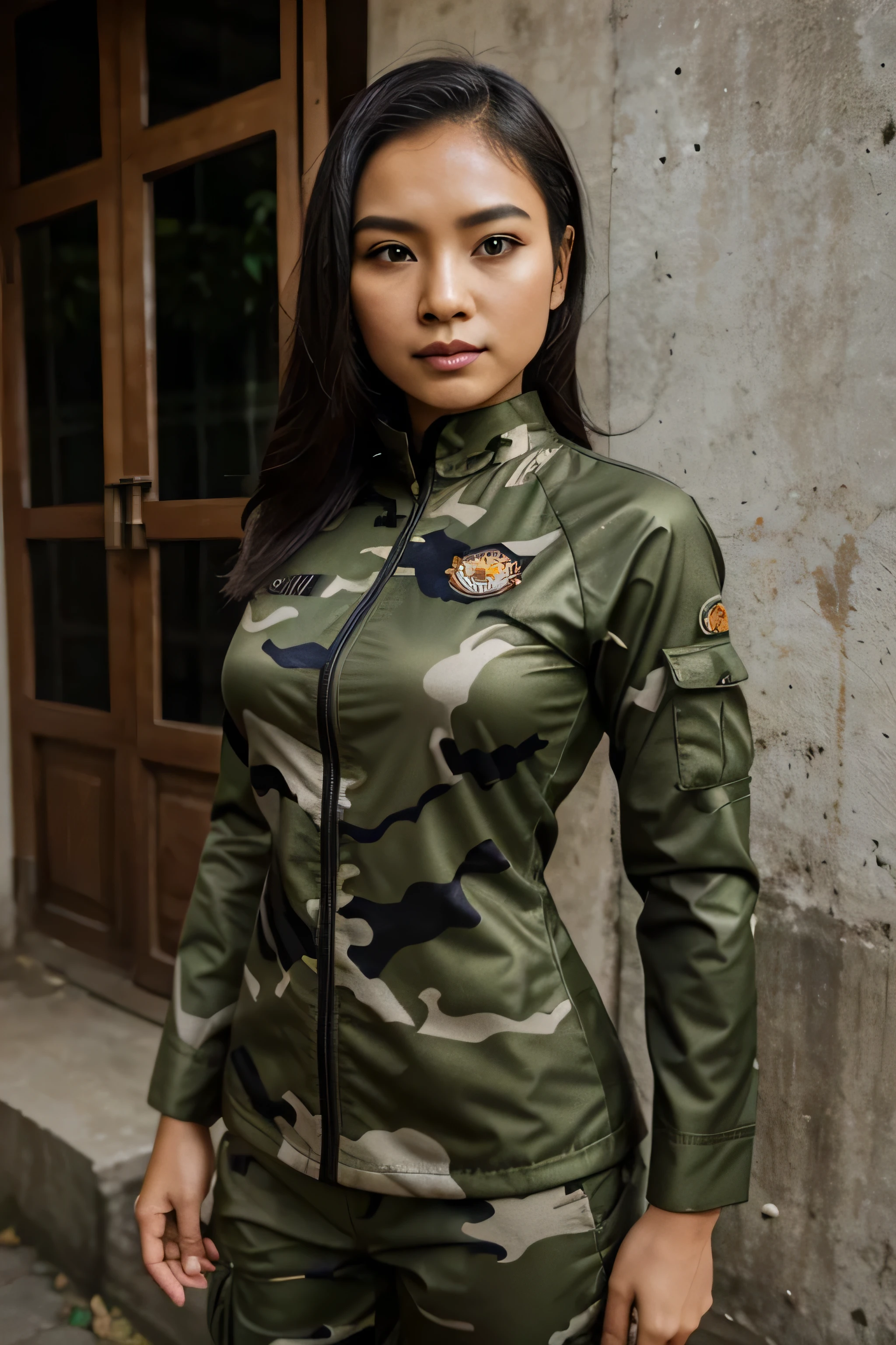 indonesian javanese army woman polite pose armored camouflage suit