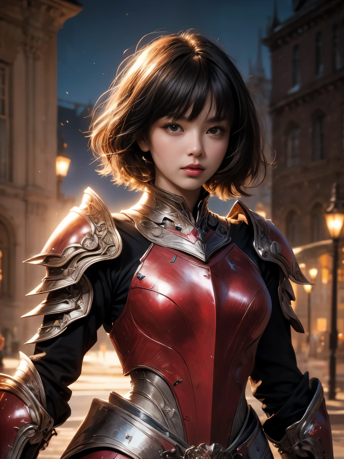 (((Best Quality))), ((Ultra-detailed)), (extremely detailed photo), ((extremely delicate and beautiful)),(Cute delicate face), ((masterpiece)), perfect anatomy, intricate, (highly detailed), masterpiece, photorealistic, (A tall and cool girl),(vermilion and black armor:1.3), ((Castle town)) ,(upper body),(holding glowing sword),alone,(black hair and short hair), looking at viewer, double eyelid,delicate skin,slender body shape,