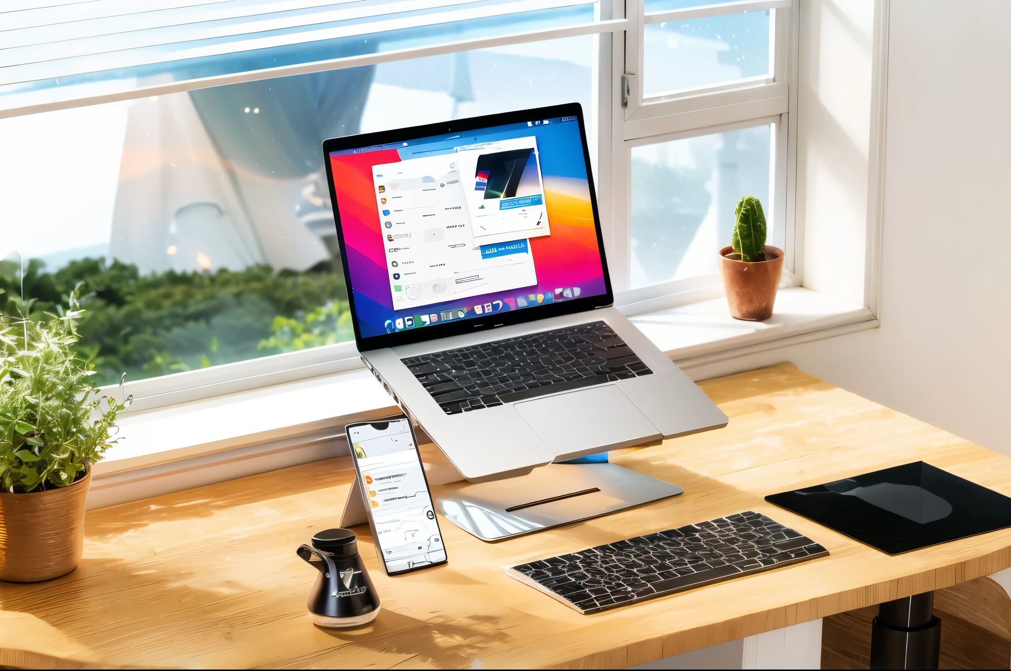 There is a laptop on the table, Full of energy and vitality, Easy to use, bottom corner, angle view, Have accurate characteristics, ultra view angle view, Accurate and detailed, angle view, no blur, Top corner, Detailed zoom photos, Detailed wide angle shot, looks cool, right angle view, full functioning