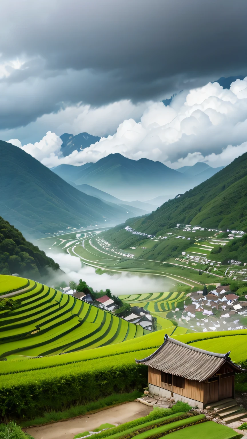 Large terraces, Mountain, hut, with paddy, paddy, Neat rice seedlings in the field, misty rain, village, agriculture, in peaceful scenery, misty weather, in vast tranquil landscapes, early morning, in the morning mist, 在一个小village后面, mist, Japanese countryside, Thatched roof - V 6