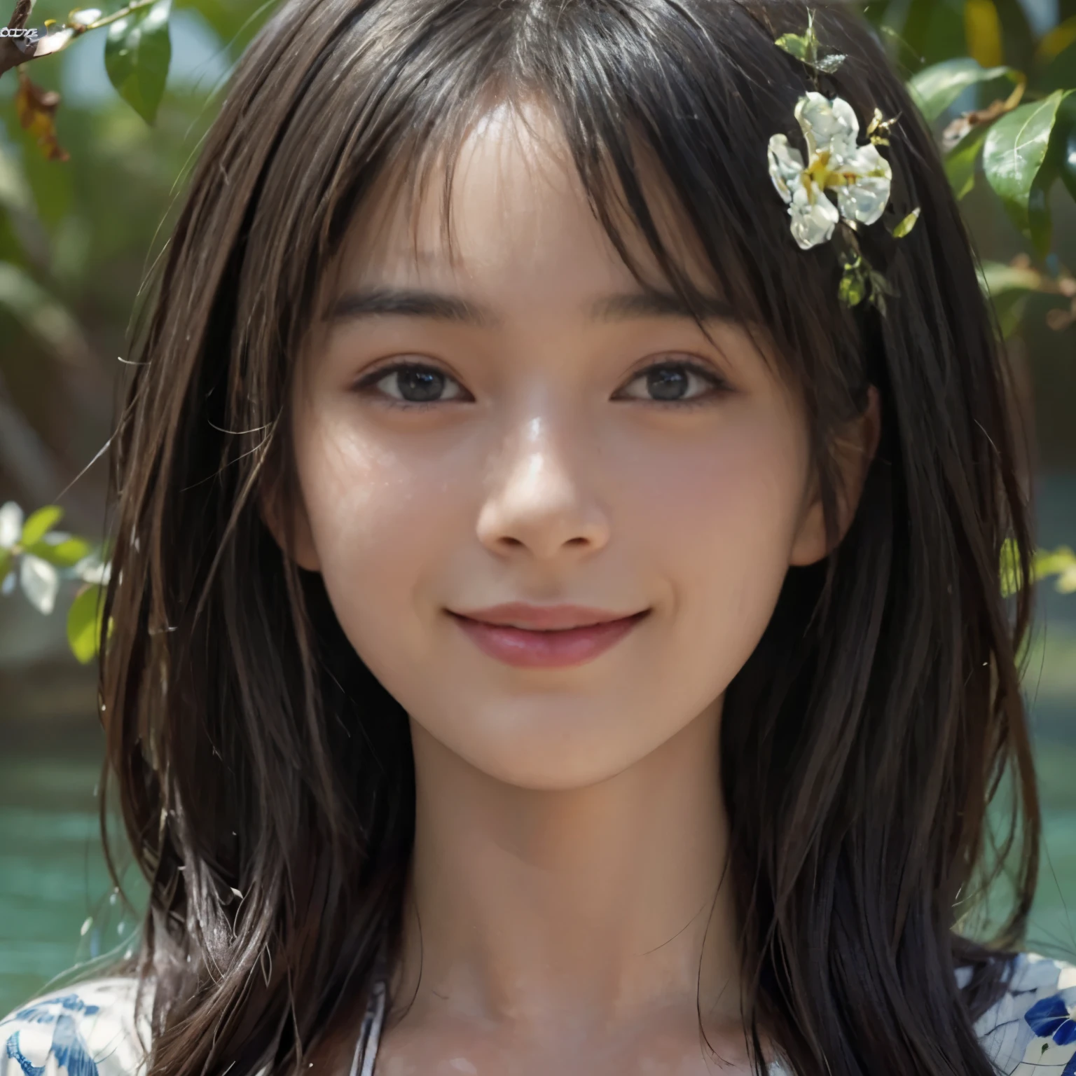 (A hyper-realistic), (illustratio), (hight resolution), (8K), (highly detailed), (The best illustrations), (beatiful detailed eyes), (top-quality), (ultra-detailliert), (masterpiece), (detailed face), droopy eyes,full of sweat, full body, long hair,inner colored,solo,Girl in simple dark bikini, huge , smile, water