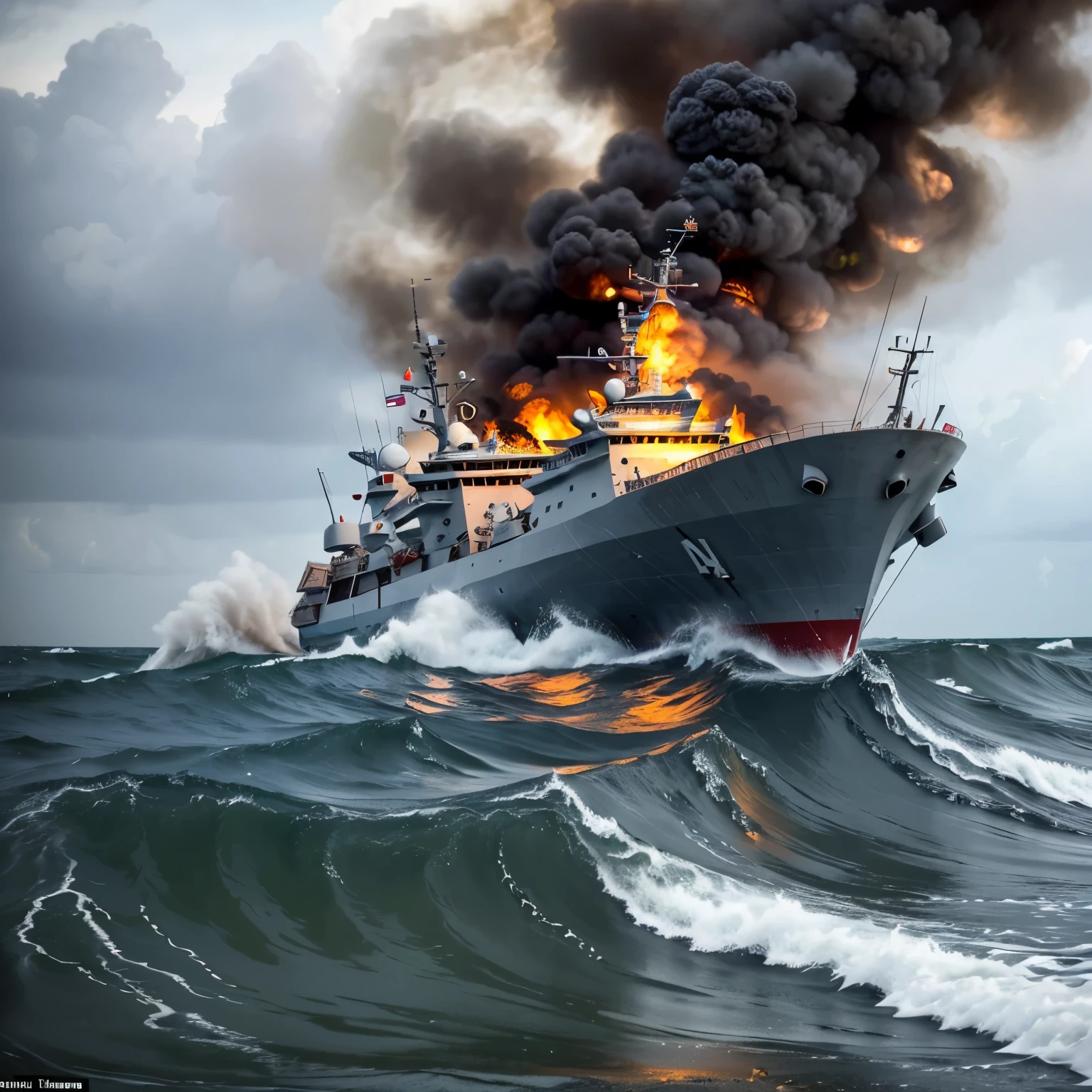 a Sinking warship,Best quality,Ultra detailed,realistic,A high resolution,warship,Sinking,Stormy seas,Damage,Huge waves,dark clouds,men fight for survival,Naval battle,despair,chaos,explosions,Smoke and Fire,Sinister atmosphere,shipwreck,survivors cling to debris,evacuation,Military personnel,heroic rescue efforts,lifeboats,death and destruction,Bravery,water fills the ship,panic on board,dramatic scene,waves crash on the ship,dangerous situation