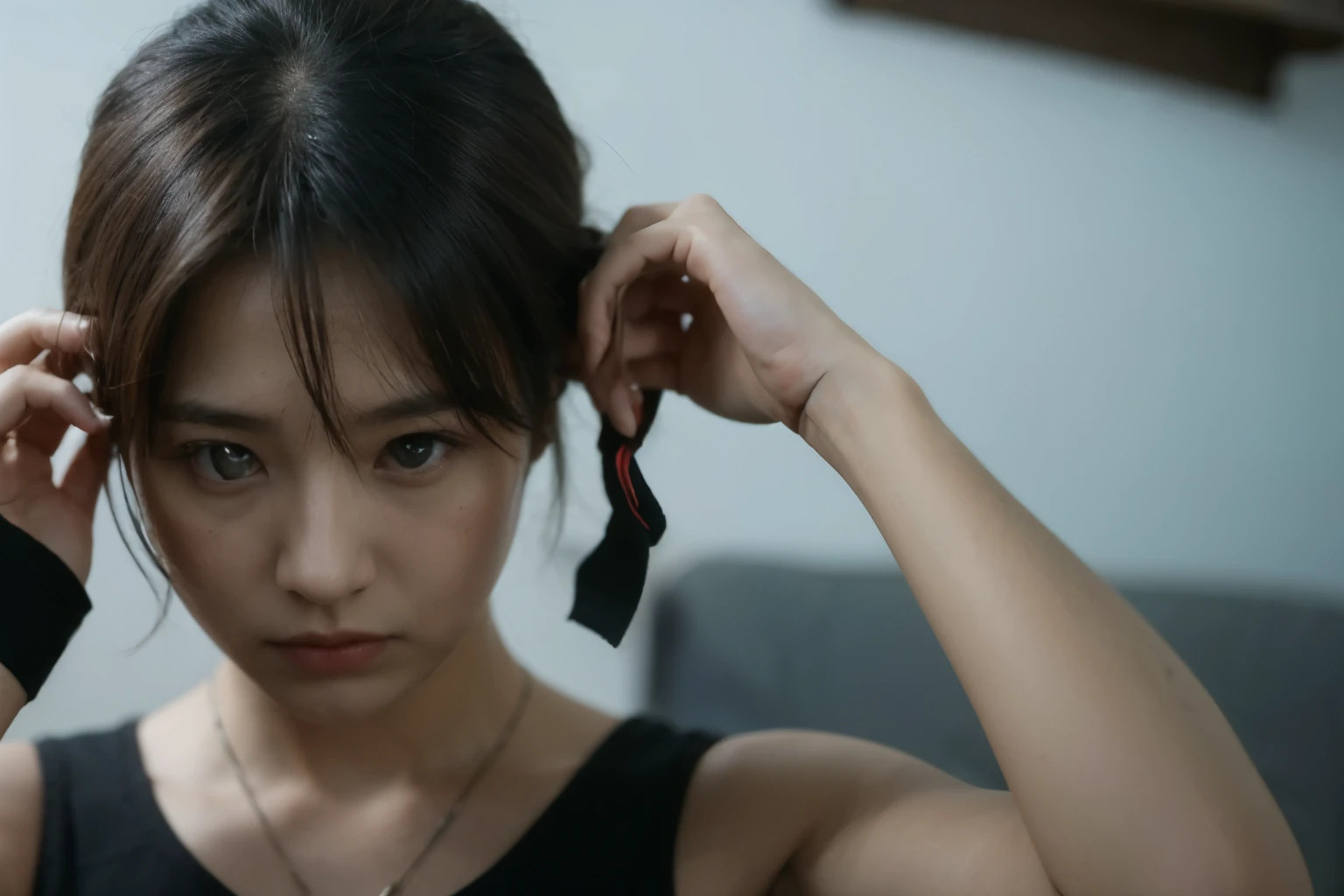 Hold the newly created image and tie the character's hair behind