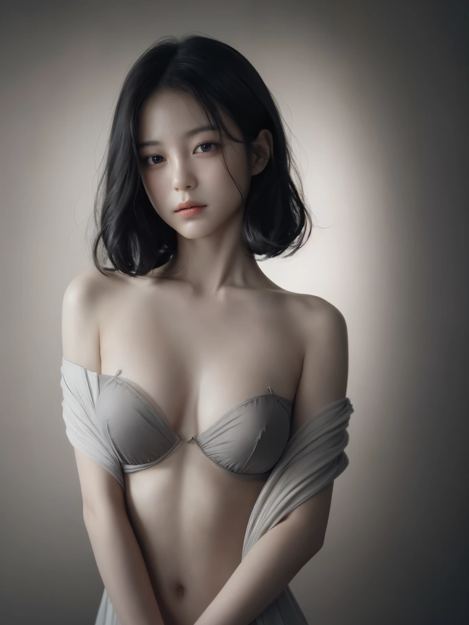 Cold girl,1girl,solo,realistic,black hair,short hair,looking at viewer,arms at sides,brown eyes,OceanHeart,upper body,collarbone,grey background,bare shoulders,simple background,small breasts,(closed mouth:1.3),breast slip,, best quality , masterpiece, illustration, an extremely delicate and beautiful, extremely detailed ,CG,unity,8k wallpaper, Amazing, finely detail, masterpiece, best quality,official art,extremely detailed CG unity 8k wallpaper,absurdres, incredibly absurdres, huge filesize , ultra-detailed, highres, extremely detailed,beautiful detailed girl, extremely detailed eyes and face, beautiful detailed eyes,light on face,